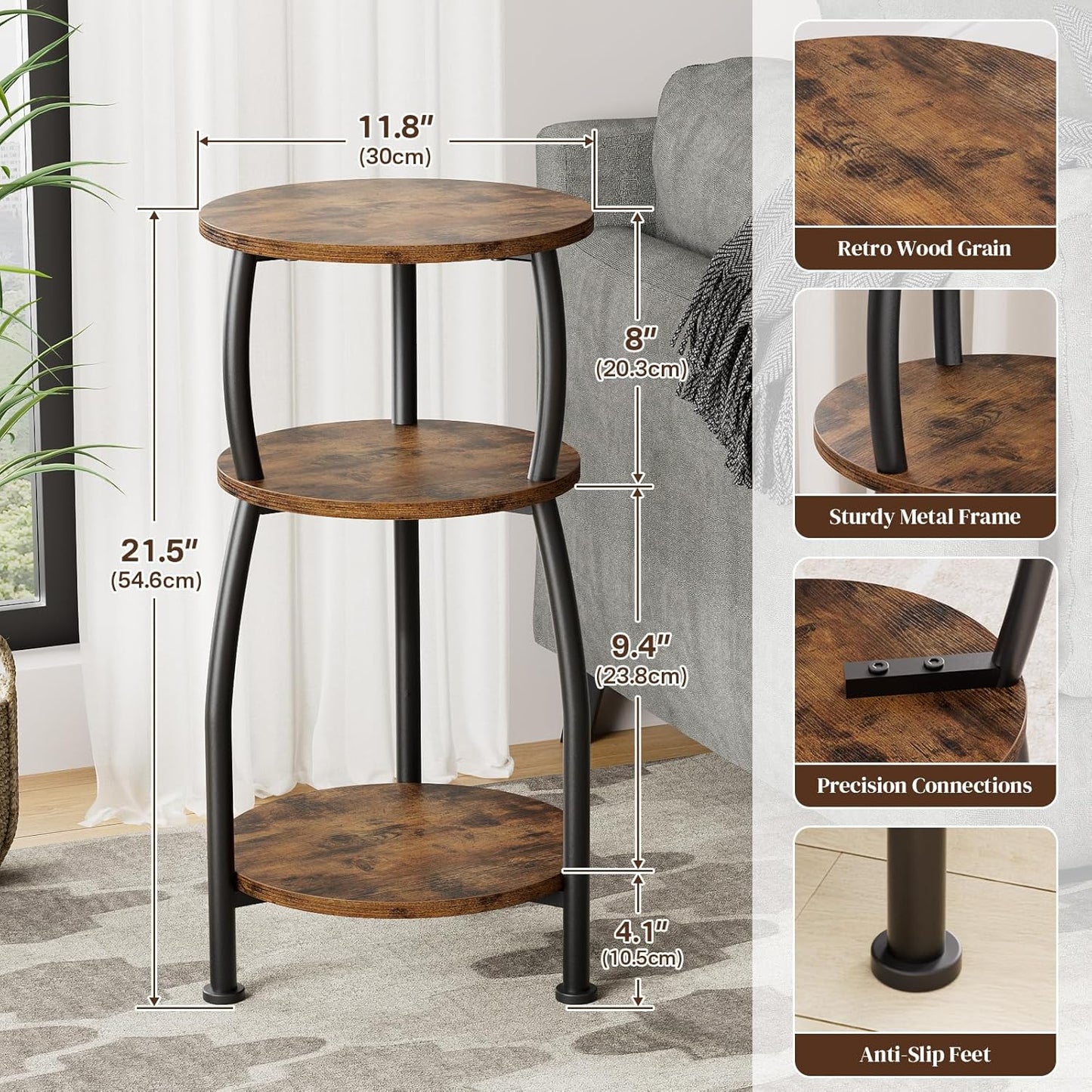 Small Round Side Table, 3-Tier End Table with Storage Shelf, Slim Coffee Table for Small Spaces, Industrial Sofa Table for Narrow Gaps in Living Room & Bedroom, Rustic Brown