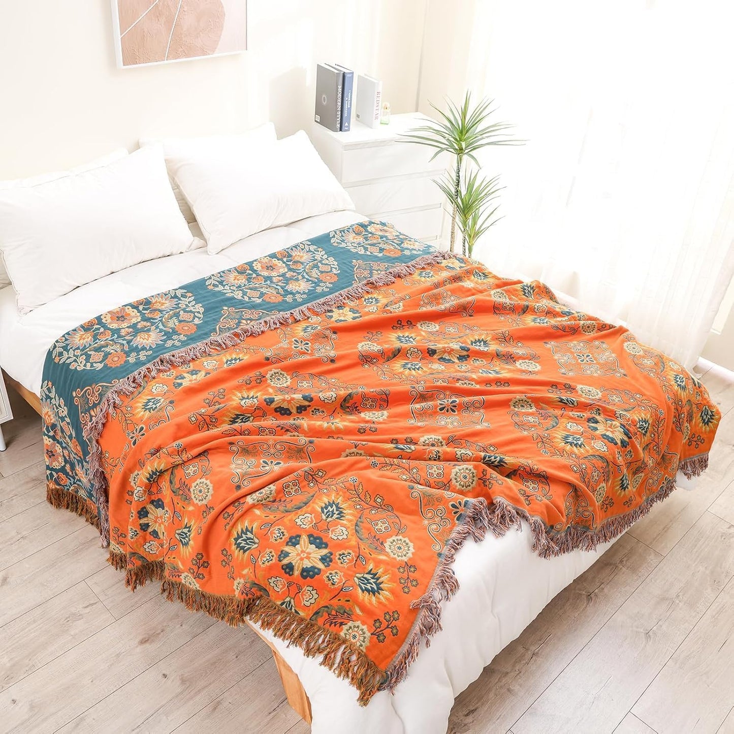 King Throw Blanket for Bed Couch,100% Organic Cotton Reversible Soft Quilt, Orange Floral Breathable Lightweight Blankets,90"×108" Extra Large Sofa Throws for 3 4 Seater with Tassels,Teal