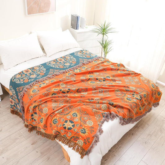 King Throw Blanket for Bed Couch,100% Organic Cotton Reversible Soft Quilt, Orange Floral Breathable Lightweight Blankets,90"×108" Extra Large Sofa Throws for 3 4 Seater with Tassels,Teal