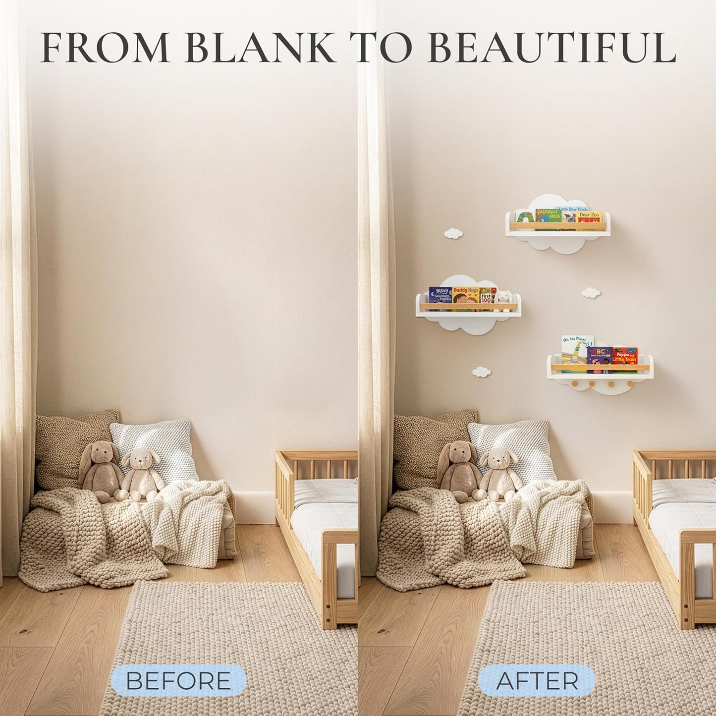Cloud Floating Shelves Nursery Set of 3 with Decorative Mini Clouds – Wall Mounted Kids Bookshelf with Hooks, Solid Pine Rail, 15 lb Per Shelf Capacity, Nursery & Toddler Wall Decor