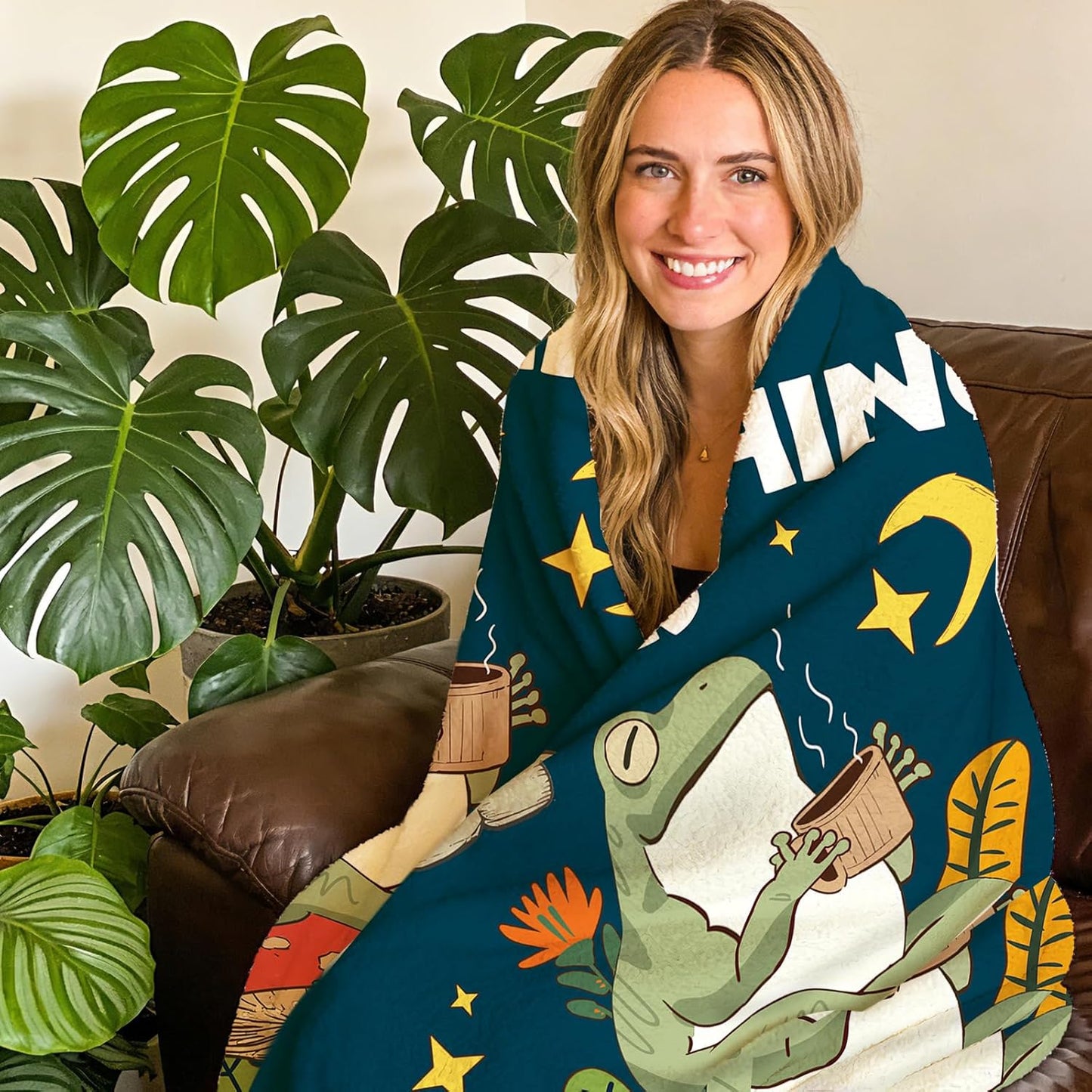 Inspirational Everything is Figureoutable Flannel Throw Blanket, Funny Frog Mushroom Motivational Kids Men Women Birthday Gifts, Positive Cottagecore Soft Blankets for Bedding Sofa 50" x 60"