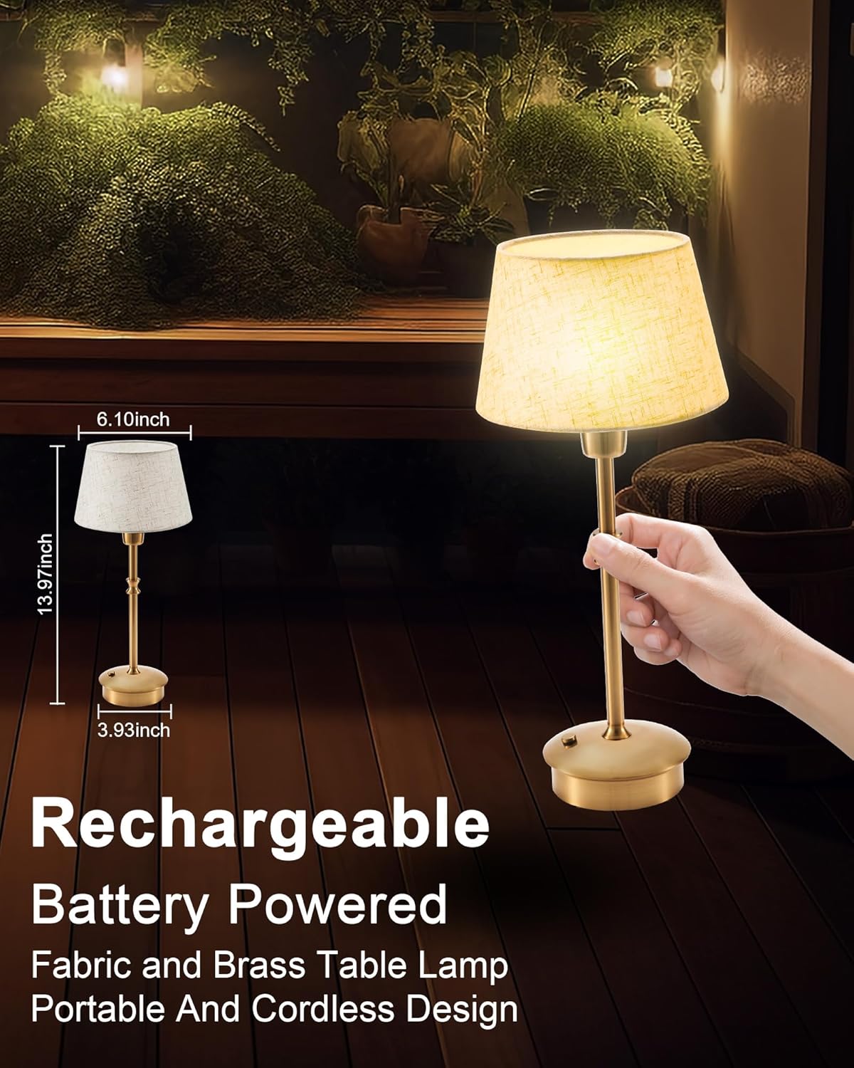 UMEXUS Small Cordless Lamp Rechargeable Table Lamps Set of 2, Dimmable Battery Operated Lights, Portable Accent Light for Side Table Restaurant Dining Outdoor, Beige Fabric Shade, Antique Brass