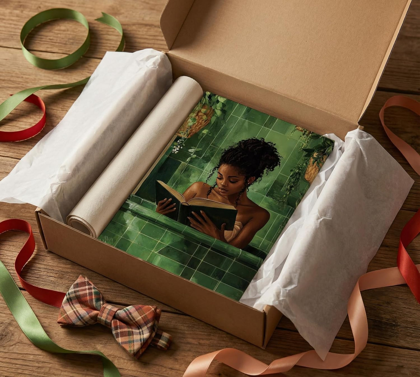 African American Woman Canvas Wall Art Black Girl Reading in the Bathroom Wall Art Picture Green Simplicity Black Woman Reading Poster Print for Study Bedroom Bathroom Artwork Home Decoration