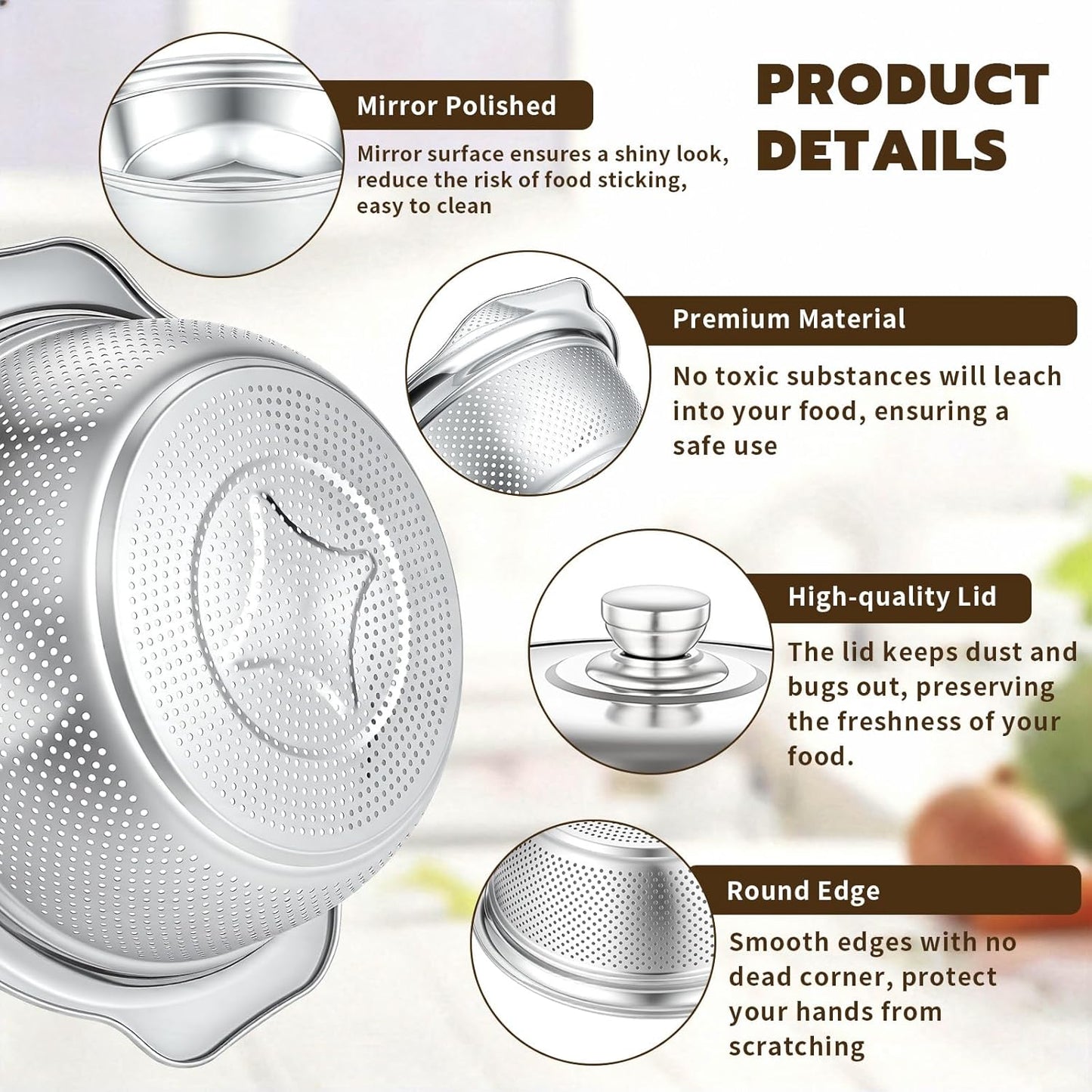 Stainless Steel Colander with Basin, 3 in 1 Multifunctional Drain Basket, 10.2 Inch Food Strainers, Fruit Washing Bowl Set, Strainer for Kitchen