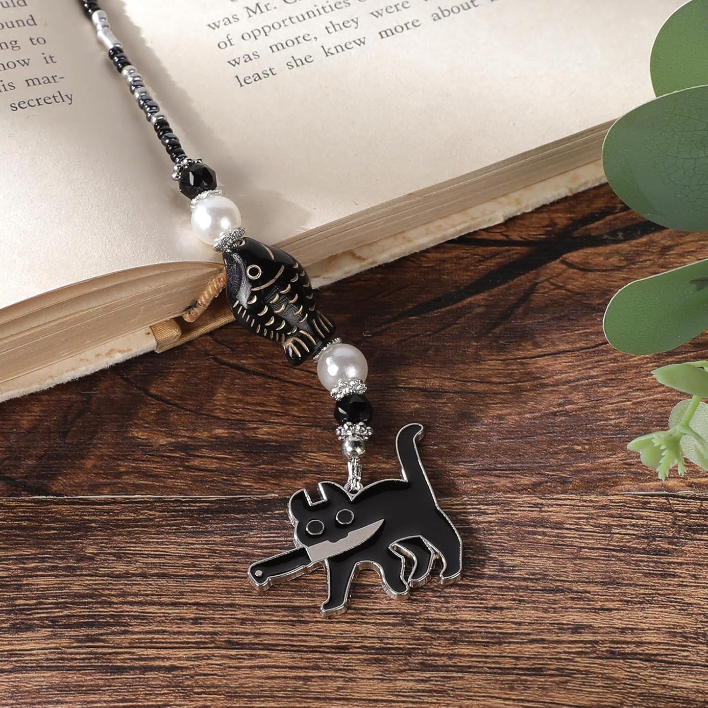 Black Cat Beaded Bookmark - Fantasy Cute Cats Crystal Bead Chain Bookmark, Catchain Pendant, Book Marks Gifts for Books Lovers Students Teacher Office School Supplies