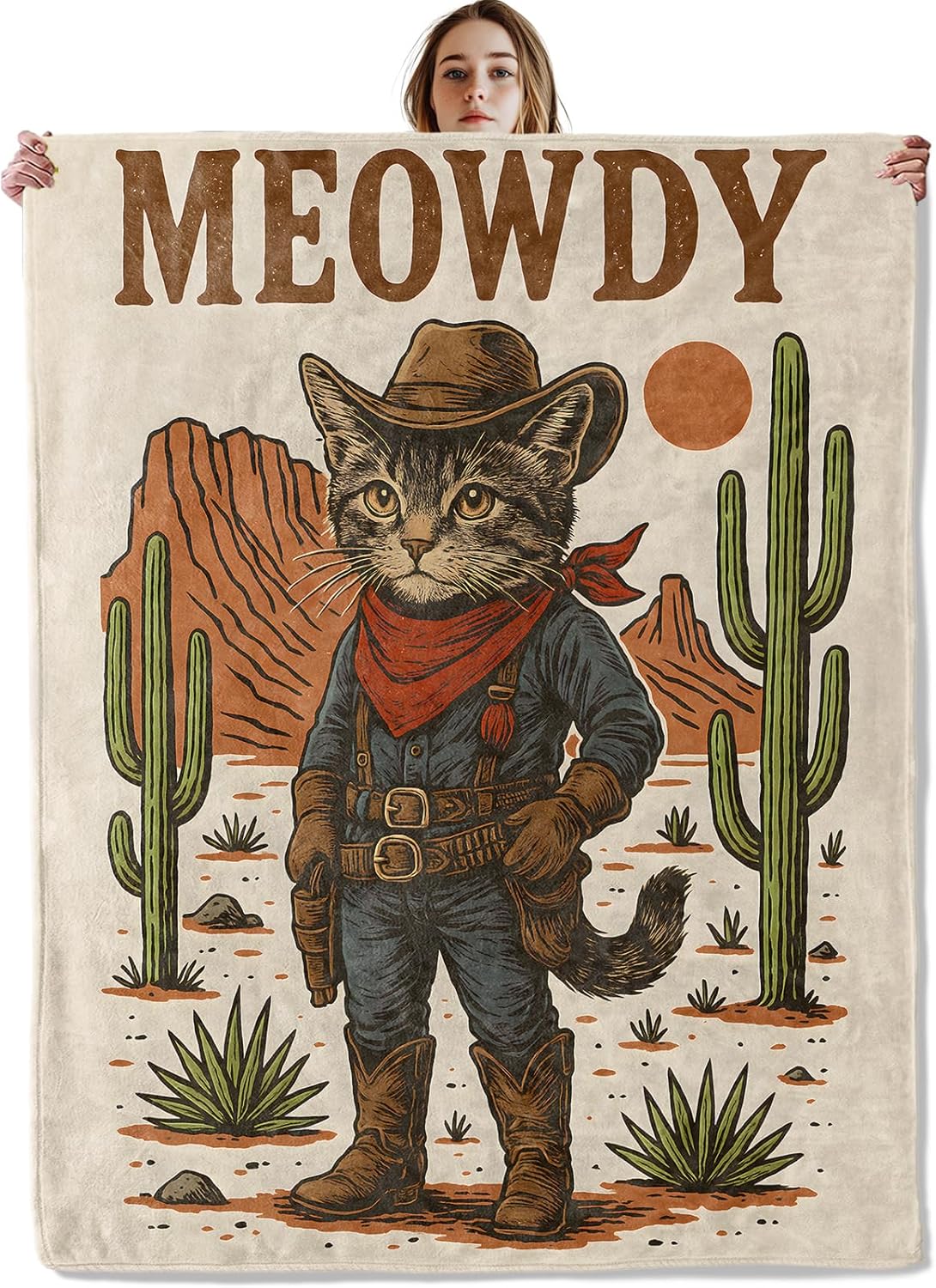 Cowboy Cat Blanket, Soft Cozy Lightweight Cute Kitten Throw Blanket for Women Cat Lovers Kids, Western Country Style Sofa Couch Bed 50x60 Inch Flannel Blankets for Travel Decor Gifts
