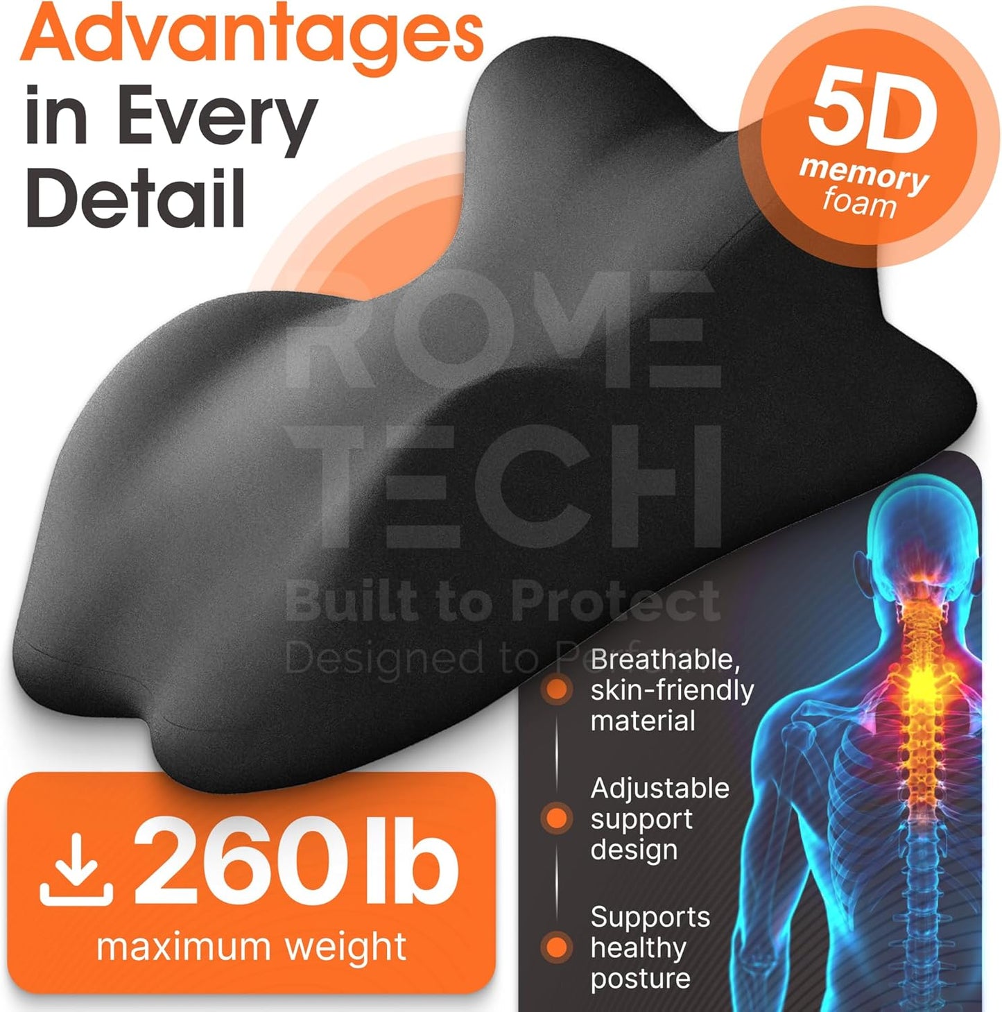 Rome Tech Memory Foam Ergonomic Wedge Pillow – Prone Support Orthopedic Pillow for Sleeping, Reading & Back Relief with Removable Cover- Extra-Large Size Body Pillow - 24 * 17 * 20 inch - Black