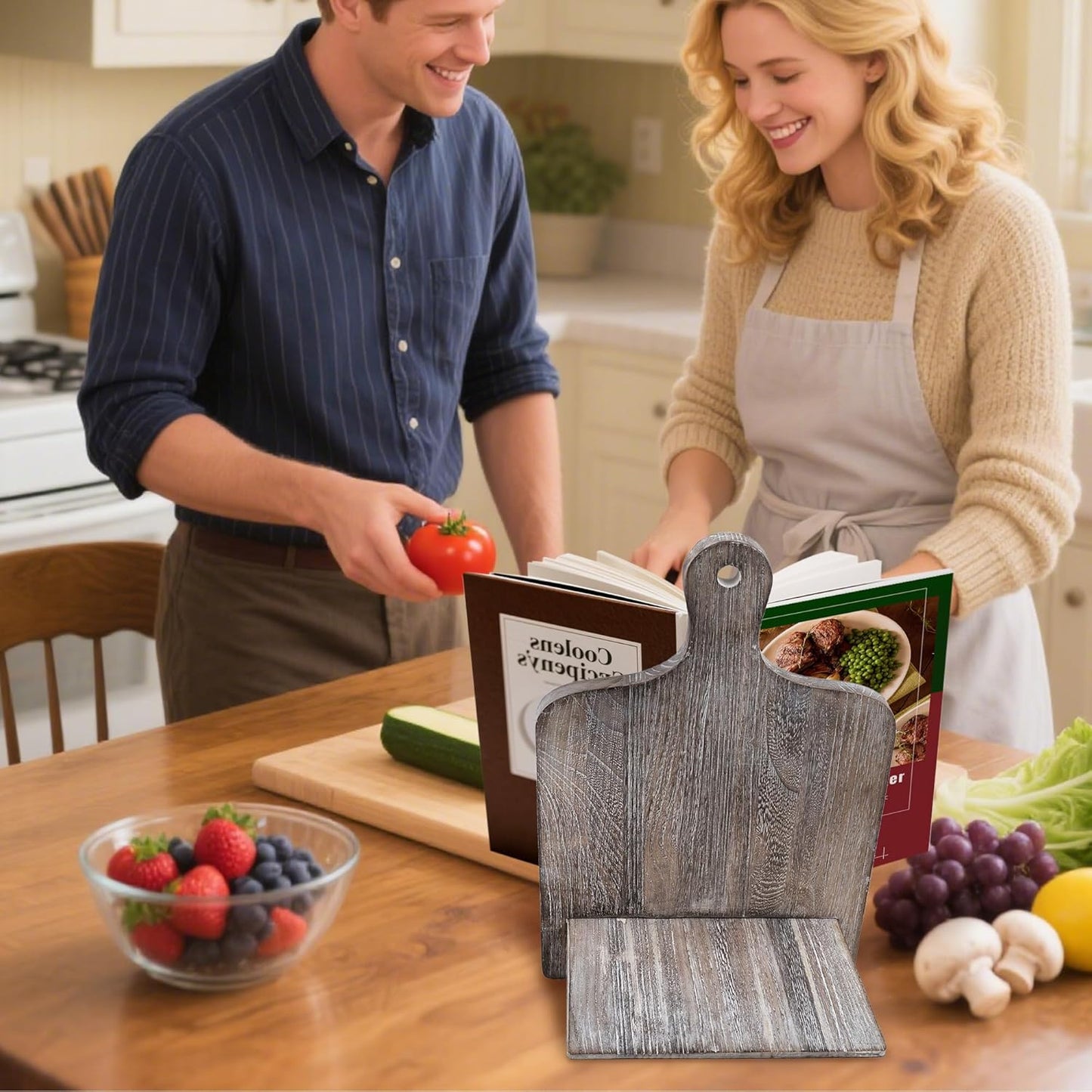 Cookbook Stand Recipe Book Stand: Cook Book Stand for Kitchen Counter, Rustic Cook Book Stand Adjustable Tablet Cookbook Holder, Wood Cutting Board Style Cooking Gift for Woman - Gray
