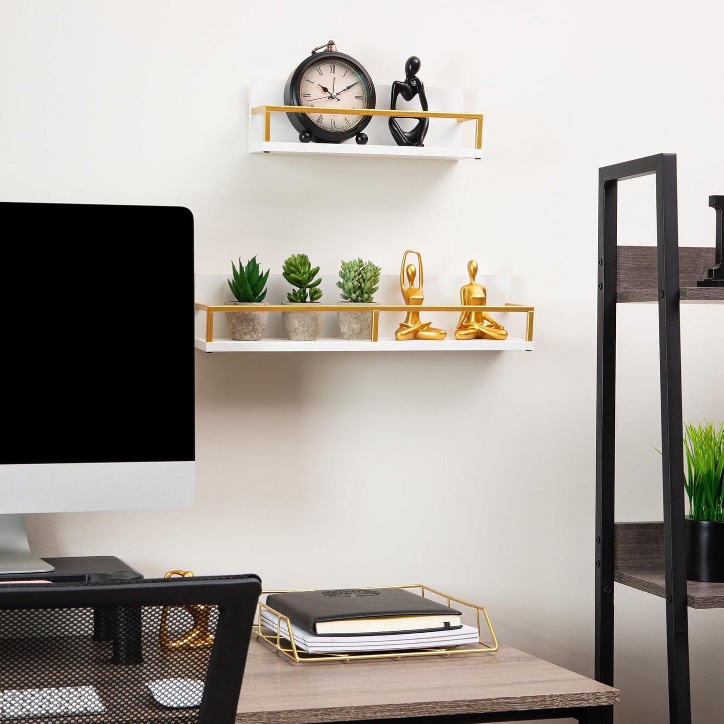 Mind Reader Floating Shelves, Wall-Mounted Office Organizers, Modern MDF Display Storage with Metal Rail, Metal. MDF, Set of 2, White