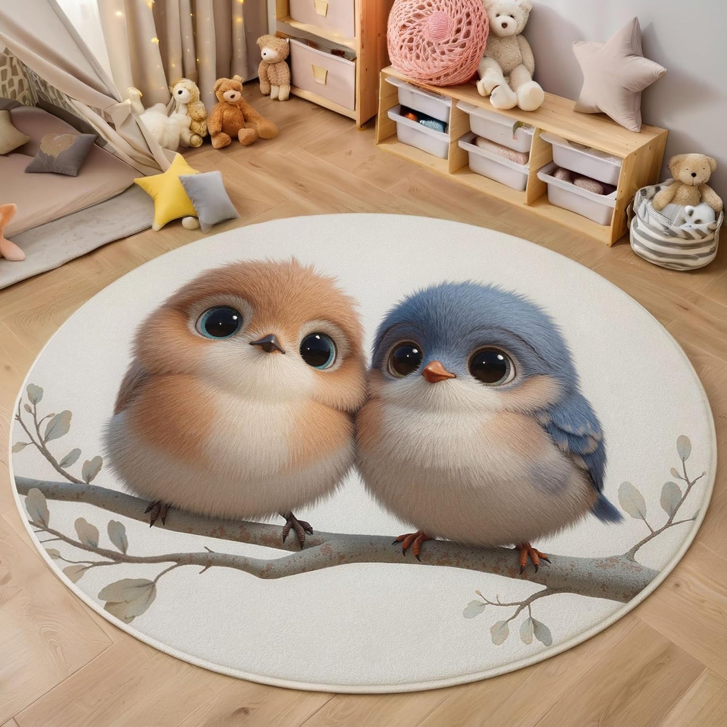 Round Area Rug, 3Ft Washable Non-Slip Beige Cute Plush Bird Circle Rug, Soft Low-Pile Cartoon Animal Indoor Small Circular Carpet for Bedroom Entryway Dining Living Room
