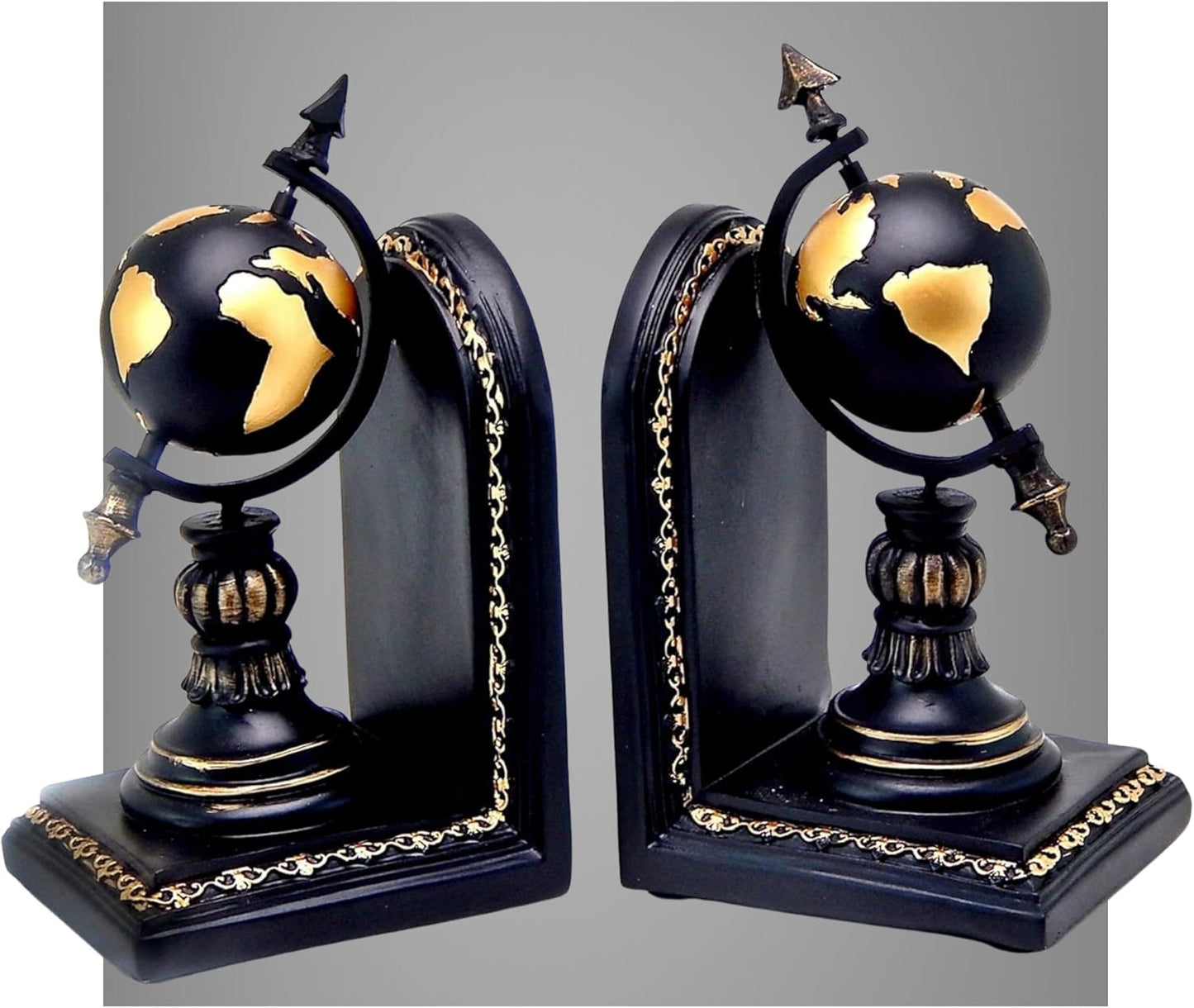 Bellaa Decorative Bookend Globe Arrow Armillary Atlas Celestial Sphere Astronomy Art Vintage Statues Book Ends Heavy Duty Shelf Supports Shelves Stoppers Holder Nonskid