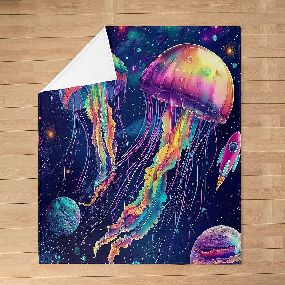 Erosebridal Jellyfish Throw Blanket Throw 50x60 Cute Cartoon Jellyfish Blanket Blue Galaxy Starry Sky Print Fleece Blanket for Boys Girls Kids Sea Animal Fuzzy Blanket Ocean Themed Bed Blanket