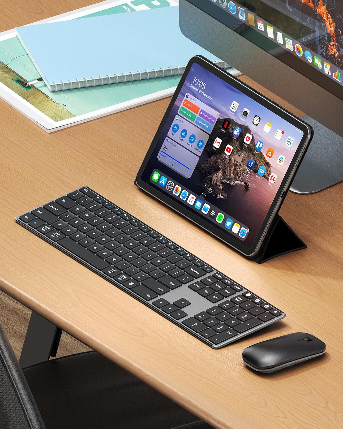 seenda Wireless Bluetooth Keyboard and Mouse Combo, SKM64-3 Rechargeable Slim Quiet Keyboard Mouse, 3 Multi-Device Connection, Compatible for Windows, Mac, MacBook, iPad, Tablet, Black Gray