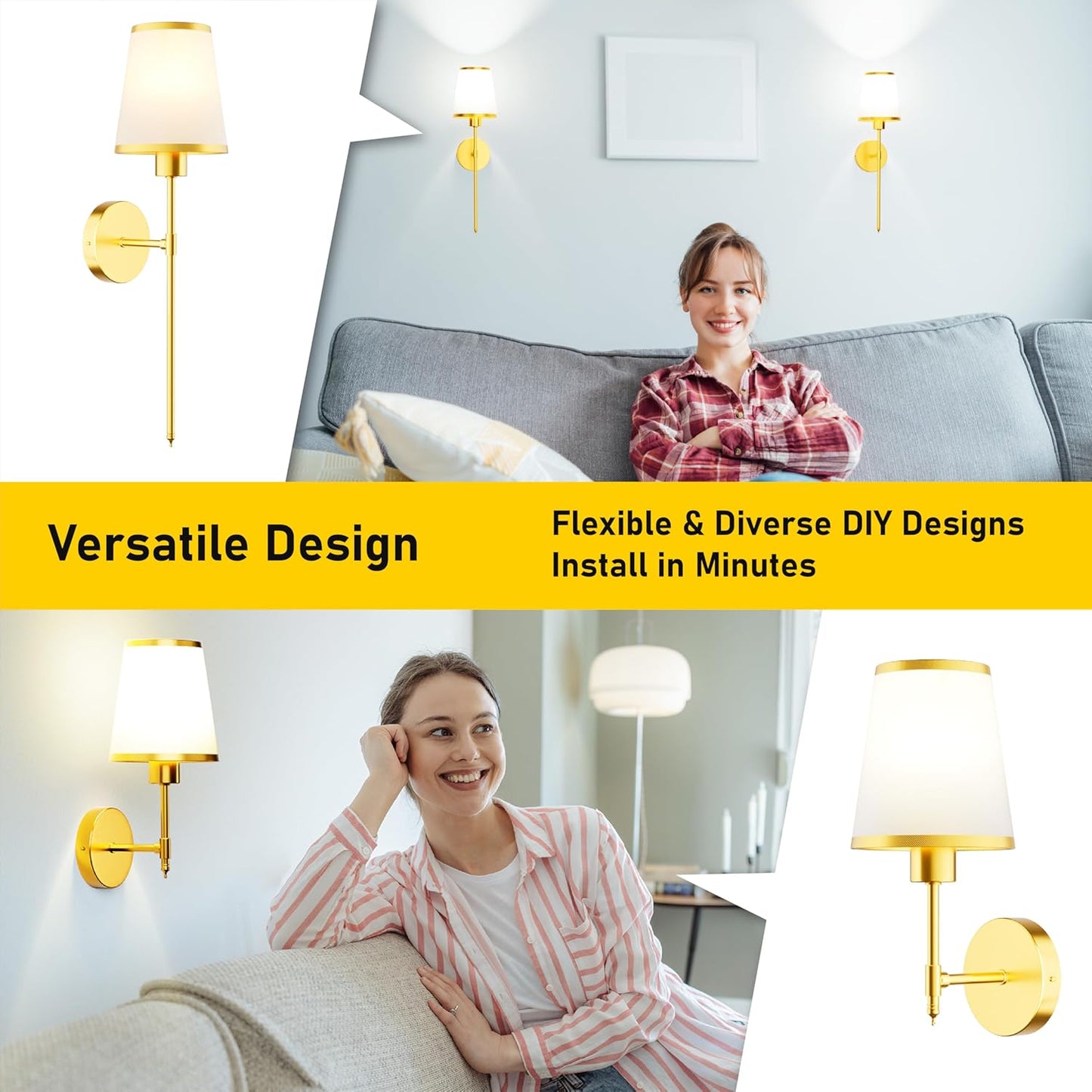 StarLume Battery Operated Wall Sconce Set of 2, LED Rechargeable Gold Wall Lights with 5200mAh Dimmable Bulbs and Remote,15 Colors Wireless Wall Lamps for Bedroom Living Room Hallway Decor
