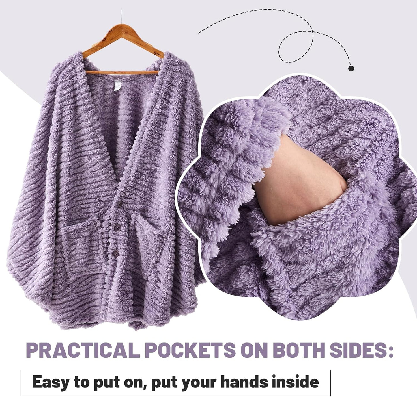 2 Pcs Fleece Wearable Blanket Winter Wrap Shawl with Pockets 58'' x 64'' Poncho Cape Warm Gifts for Adult Women Men Office Lounge Sofa (Purple,Fluff Polyester)