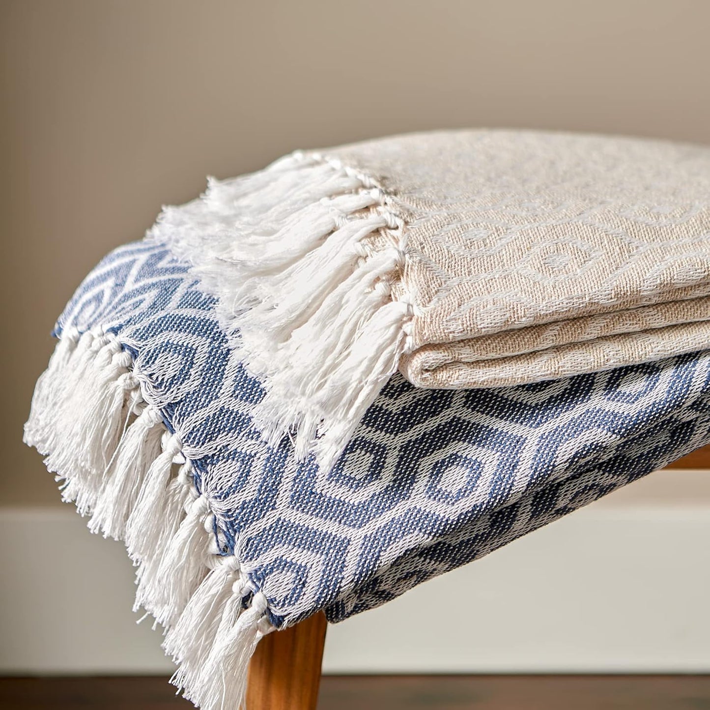 DII Modern Cotton Geometric Blanket Throw with Fringe for Chair, Couch, Picnic, Camping, Beach, & Keep Cozy with Everyday Use, 50x60, Off-White