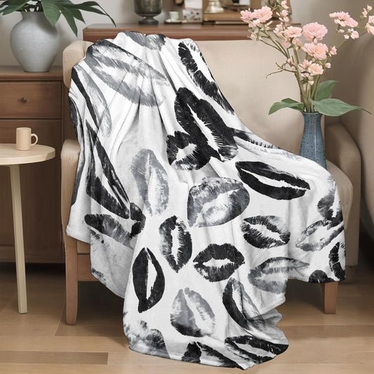 Lip Print Flannel Blanket Modern Romantic Black Kiss Design Warm Lightweight Throw Blankets for Sofa Picnic Travel and Gathering Decorate All Season Use Couple Gifts 50x60in