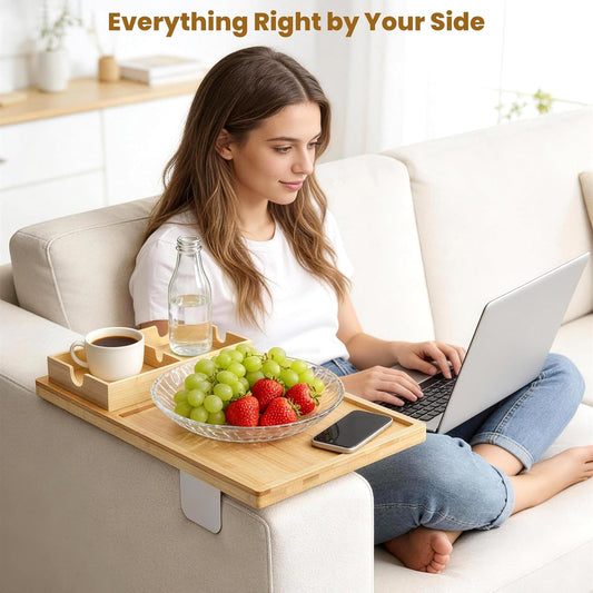 2-in-1 Couch Cup Holder Tray with Metal Legs, Bamboo Couch Armrest Table with Detachable Cup Holder, Adjustable 2–9.85 Inch Fit, Extra Stable Sofa Arm Tray for Living Room & Recliner