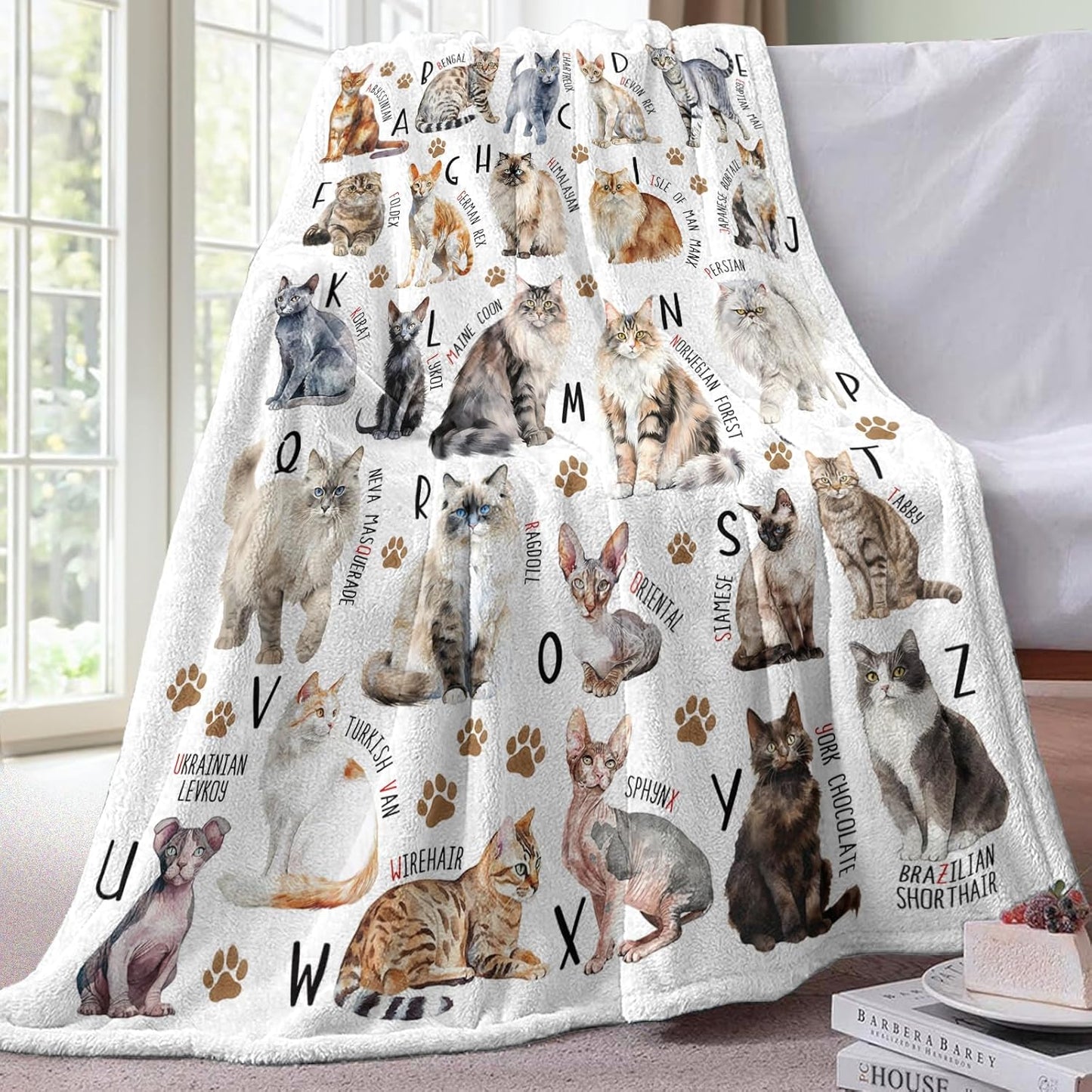 Cat Alphabet Flannel Throw Blanket, Cute Pet Breed Letter ABC Learning Birthday Gifts for Kids Boys Girls, Paw Prints Soft Bedding Sofa Blankets Present for Cat Lover Owner 50" x 60"