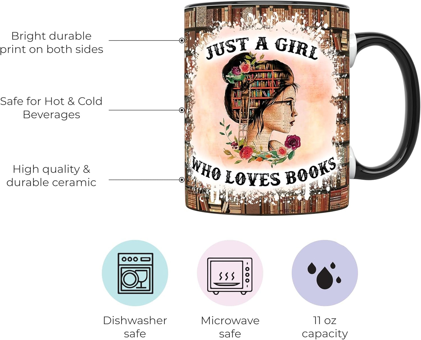 YouNique Designs Just a Girl Who Loves Books Mug, 11 Ounces, Book Club Cups, Book Lovers Coffee Mug, Librarian Mug, Bookworm Cup, Book Mug, Bookish Items, Reading Mug, Book Nerd Mug (Black Handle)