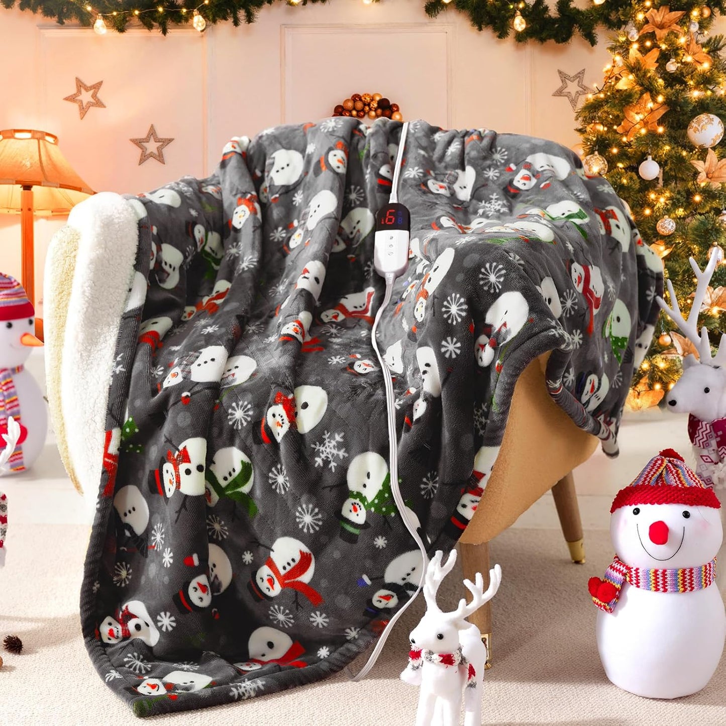 MAXEVE Christmas Heated Throw Blanket Electric Blanket Soft Cozy Heating Blanket for Couch Sofa Bed, 6 Heat Levels & 4-Hour Auto-Off, Machine Washable, FCC & ETL(50"x60", Gray Snowman)