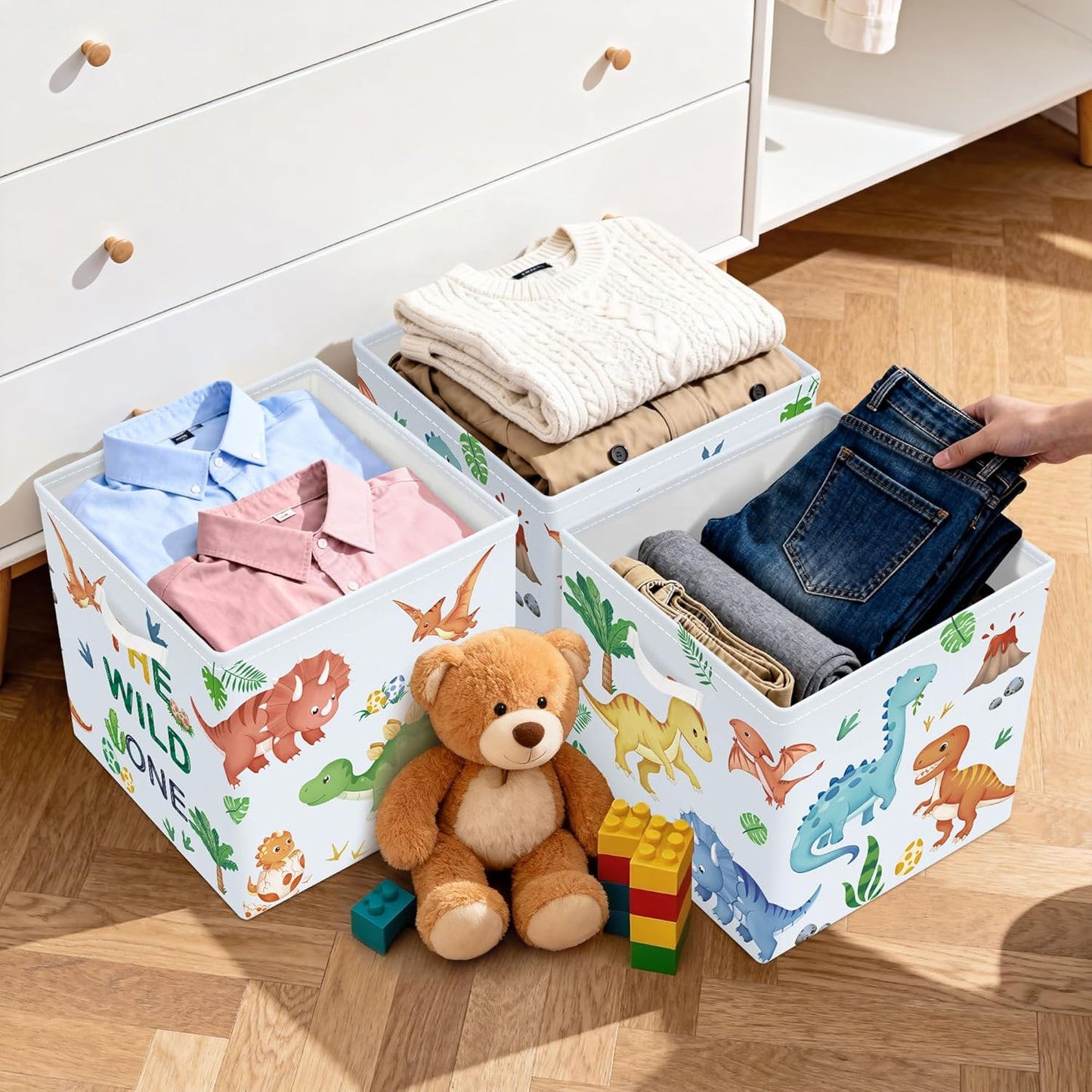 11.8" Boho Dinosaurs Cube Storage Organizer Set 3Pcs Palms Eggs Cube Storage Bin for Bathroom/Bedroom Kid Book Toy Chest, Volcanoes
