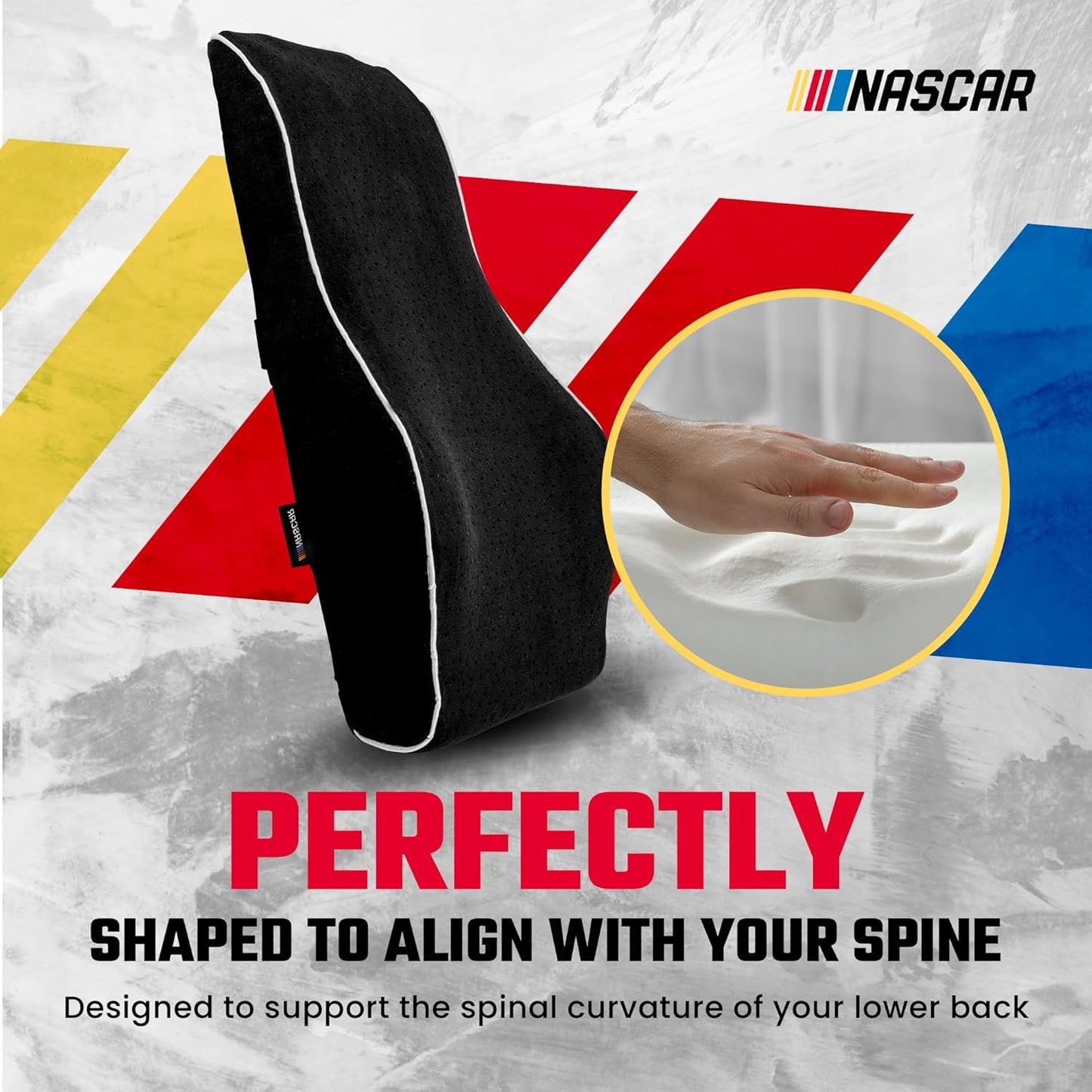NASCAR Lumbar Support Pillow for Office Chair, Car, Gaming Chair, Home | Contoured Ergonomic Back Support | Premium Memory Foam | Breathable & Washable Jaquard Velvet Cover w/Adjustable Strap, Black