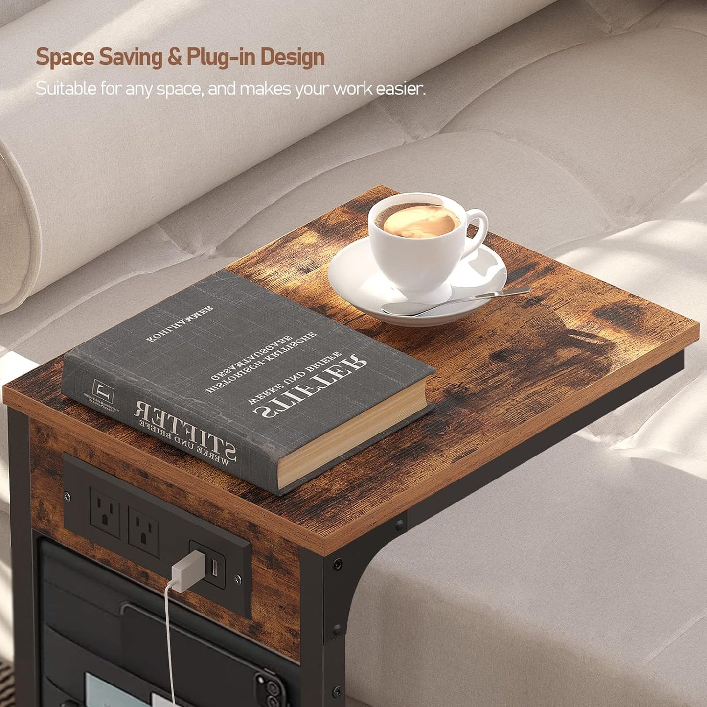C-Shaped End Table with Charging Station — Storage Bag, 2 USB Ports, AC Outlets, for Living Room / Bedroom...