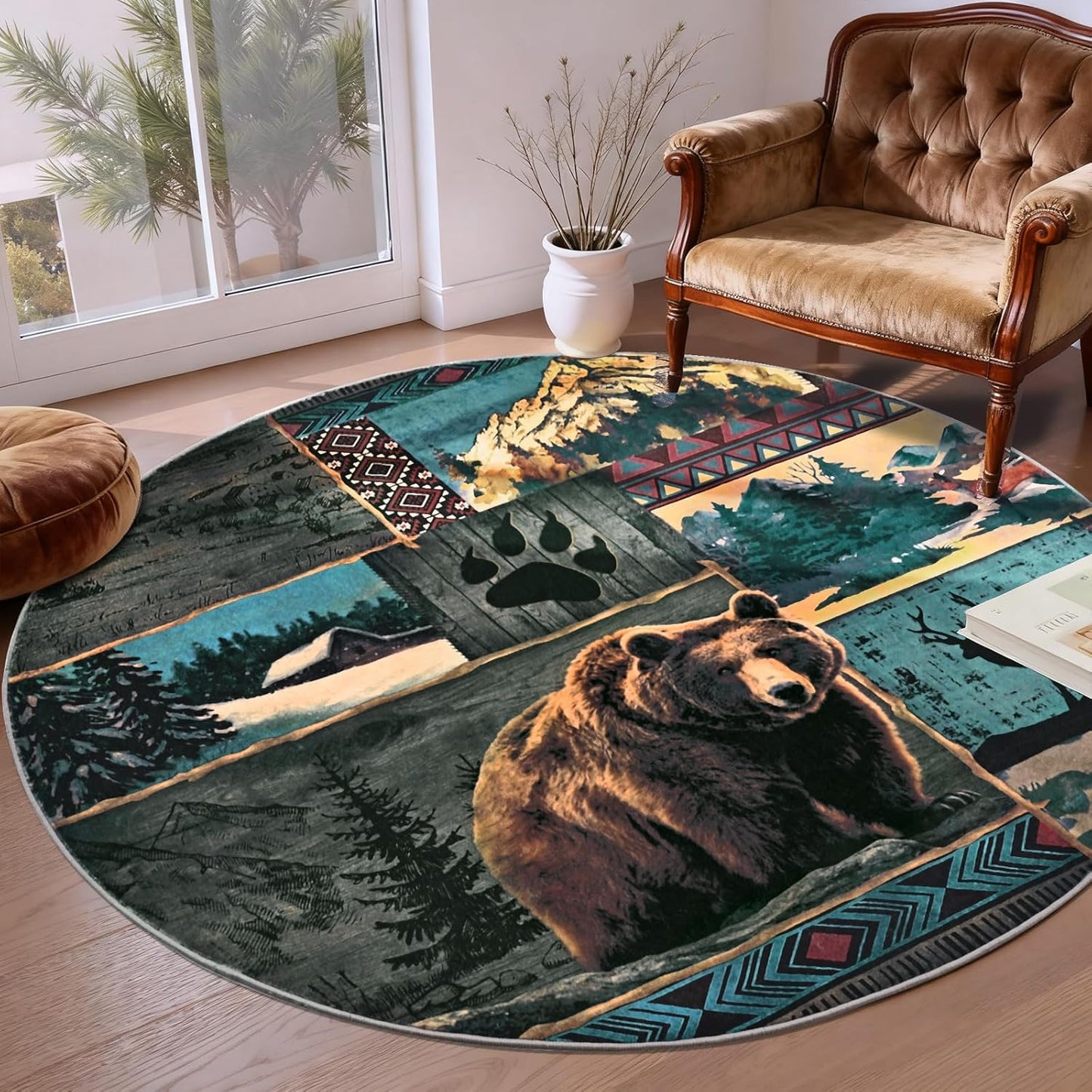 ASPMIZ Rustic Round Rug 4ft, Cabin Bear Moose Area Rugs for Living Room, Low Pile Southwestern Washable Rug Non Slip, Soft Faux Wool Circle Rugs for Bedroom, Entryway, Wildlife Home Decor, Blue