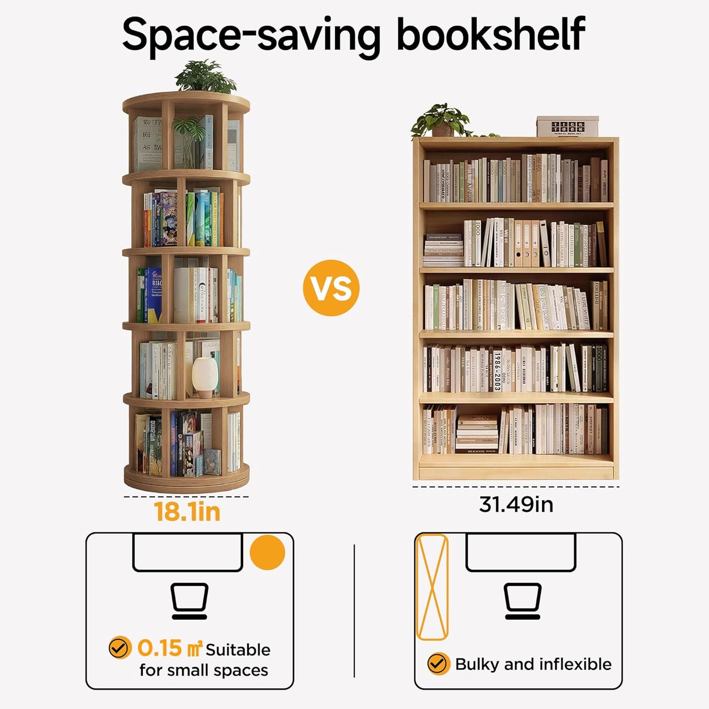 Rotating Bookshelf Tower, Wooden, 5 Tier Vertical Rotate Turning Spiral Corner Organizer, 360° Rotating Book Tower, Ideal for Small Spaces, Living Rooms, Bedrooms (Natural, 5 Tier)