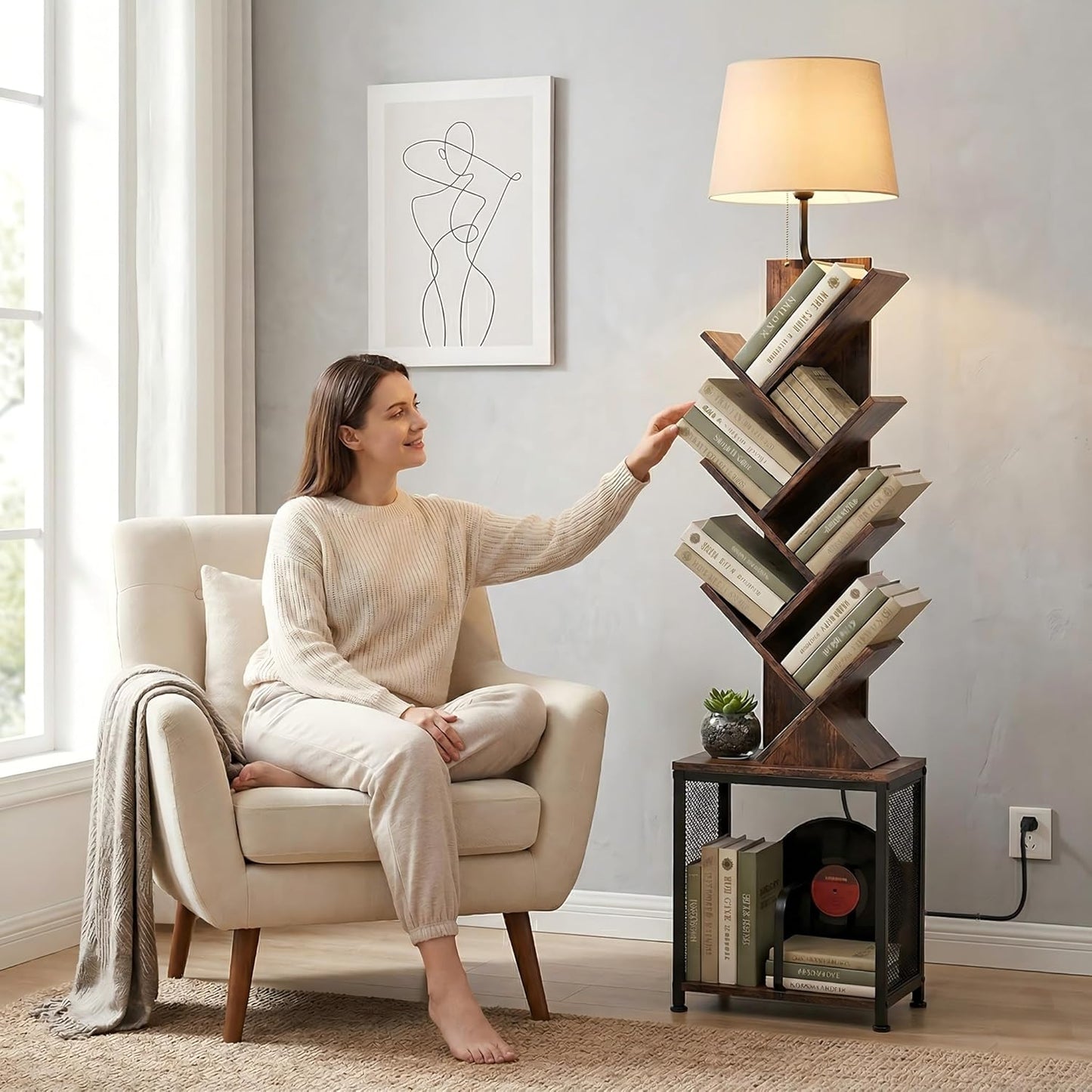 3in1 Tree Bookshelf Floor Lamp W/ Storage Cabinet, 62" Tall Reading Light with Unique Oval Fabric Shade & 8-Tier Book Organizer, Modern Standing Lamp for Living Room, Bedroom, Office (Rustic Brown)