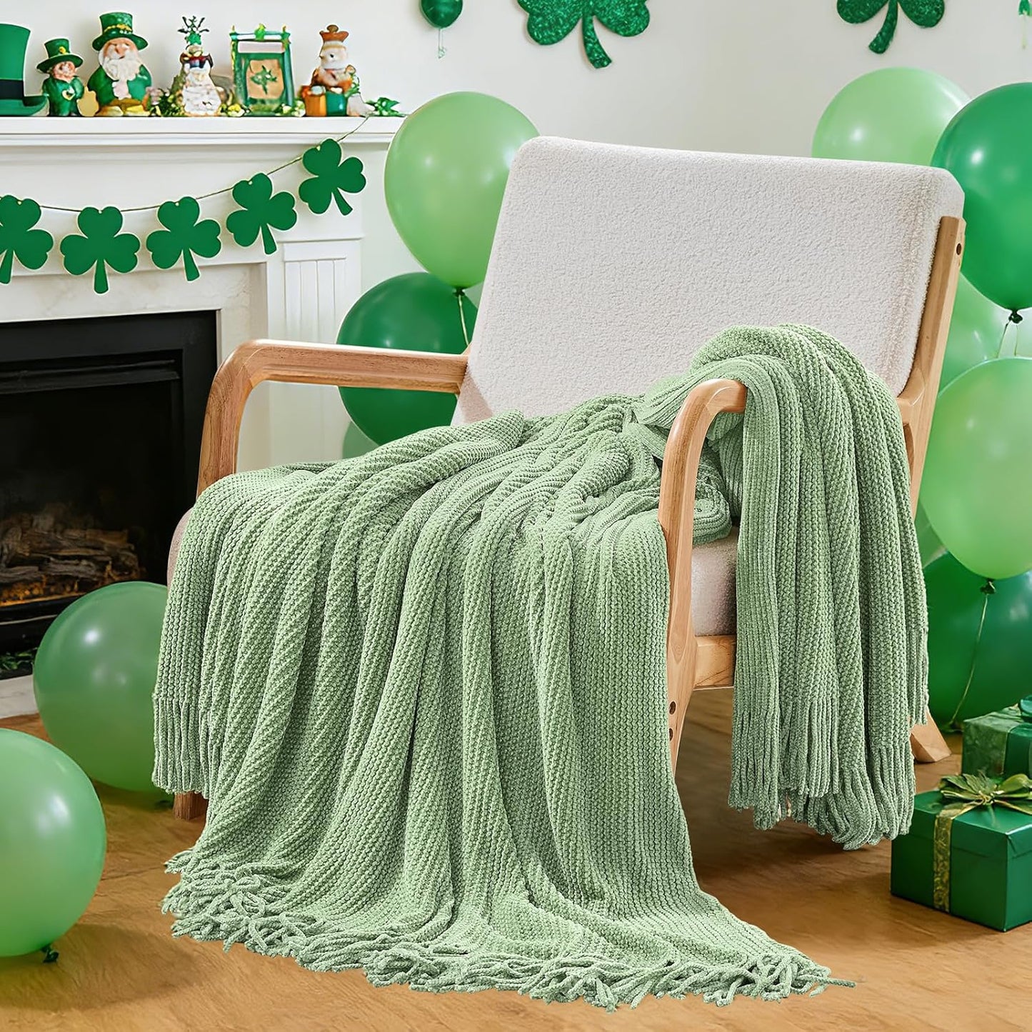 inhand Basil Green Throw Blanket for Couch Bed,St. Patrick’s Day Lucky Spring Gifts Throw for Men Women,Chunky Chenille Woven Soft Warm Blanket,Boho Farmhouse Cozy Decor,60"x80",Medium Thick,