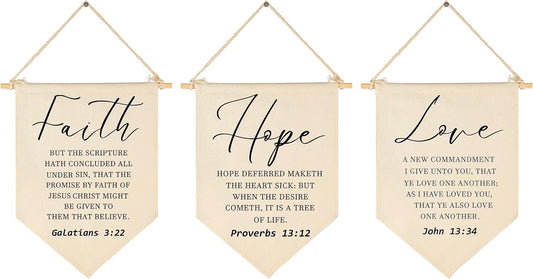 Faith Hope Love-Christian Wall Art-Flower-Scripture Art-Flag Decor Gift for Baby Boys Girls Newborn Kids-Banner Pennant Wall Sign Gifts for Nursery Baby Room Playroom Bedroom -Set of 3