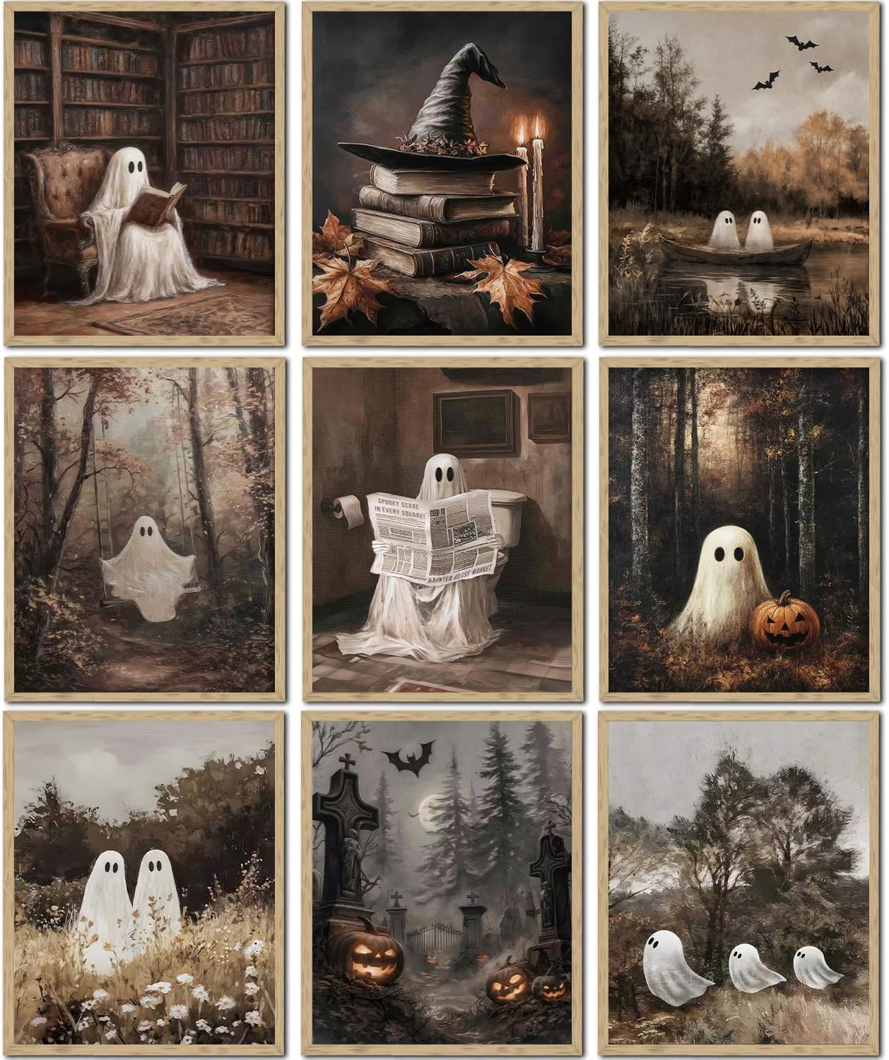 Vintage Ghost Halloween Canvas wall art Aesthetic Farmhouse paintings pictures wall decor Retro fun ghost reading book poster printing Artwork for Gallery Wall Living Room Bedroom Home decoration