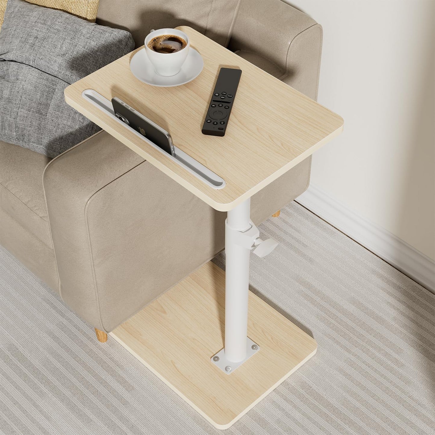 Sofa Armrest Tray Table for Couch - 360° Swivel Height Adjustable End for Small Spaces, Snack Side Table for Bed or Chair with Phone & Tablet Slot (Oak,Standard)