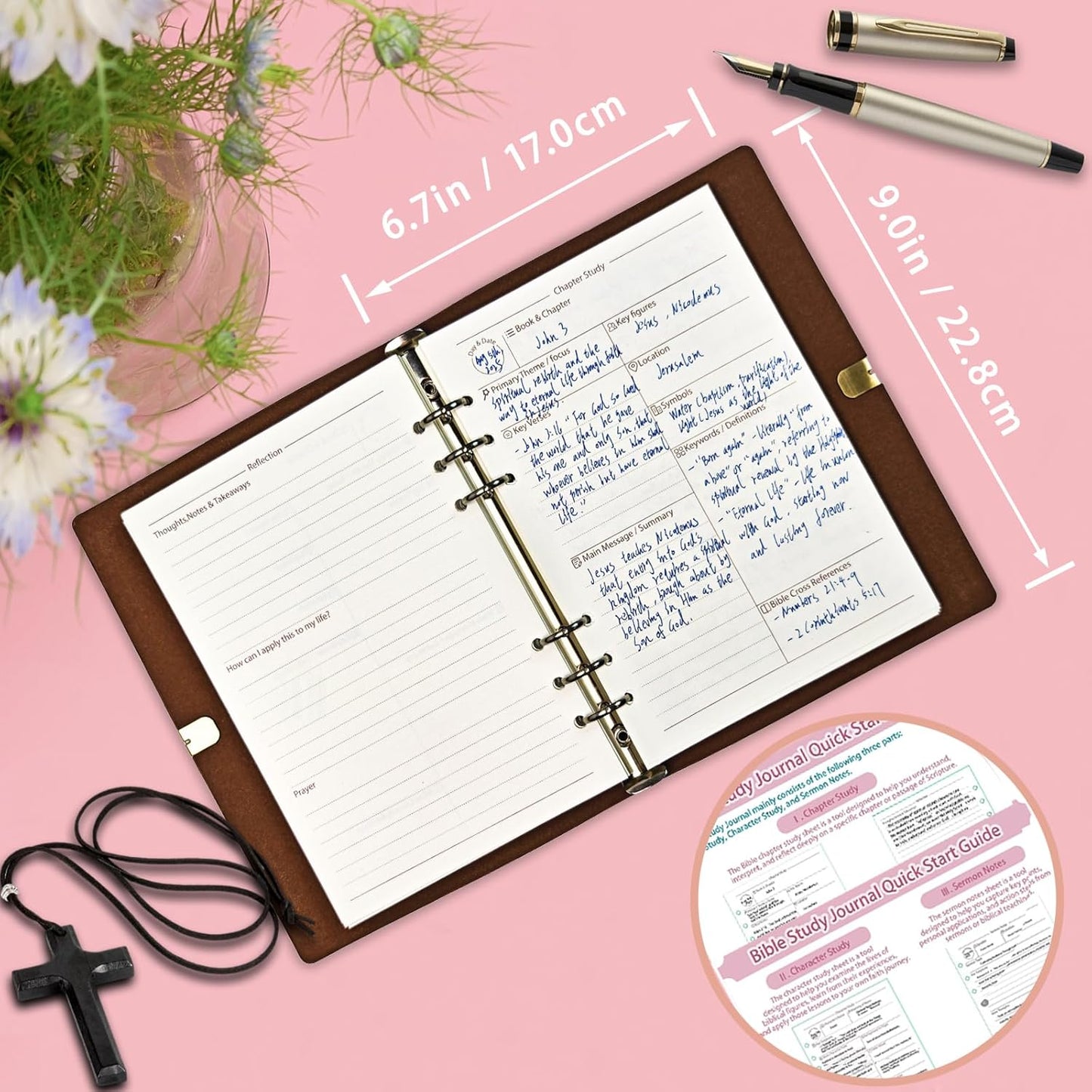 Bible Study Journal Leather Notebook, Bible Study Supplies, Church Notes Prayer Journal for Bible Notes Religious Gifts for Women Men (Pink)