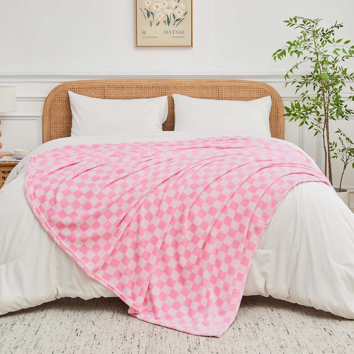 FY FIBER HOUSE Baby Pink Throw Blanket for Couch Checkered Blanket Gingham Pattern Blankets Funky Home Decor, 50"x60"