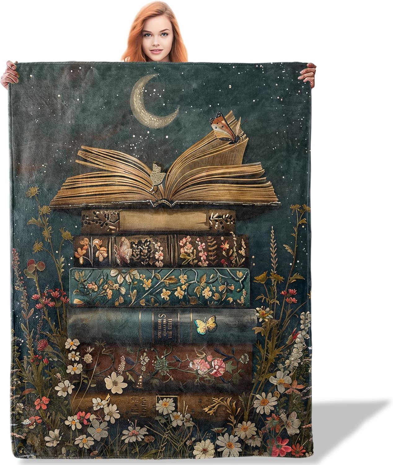 Floral Book Stack Throw Blanket for Women Girls Boys, Soft Flannel Blankets Gifts for Living Room Couch, Home, Sofa Decor, 50"x60"