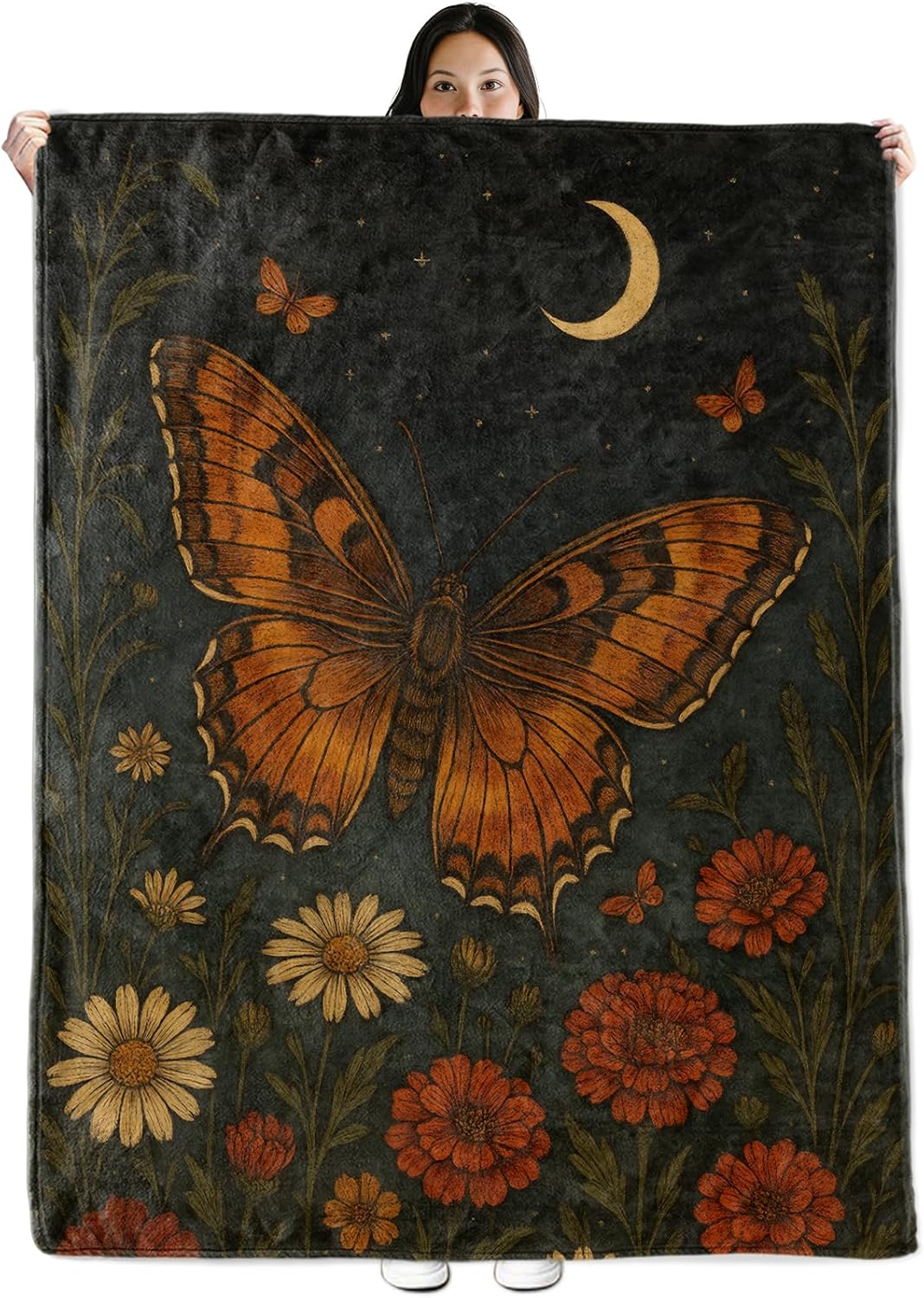 Butterfly Gifts, Orange Butterfly and Moon Theme Flannel Blanket for Women, Gothic Birthday Throw Blankets for Kids, Girls, Travel Camping Sofa Living Room Decor 50x60 in