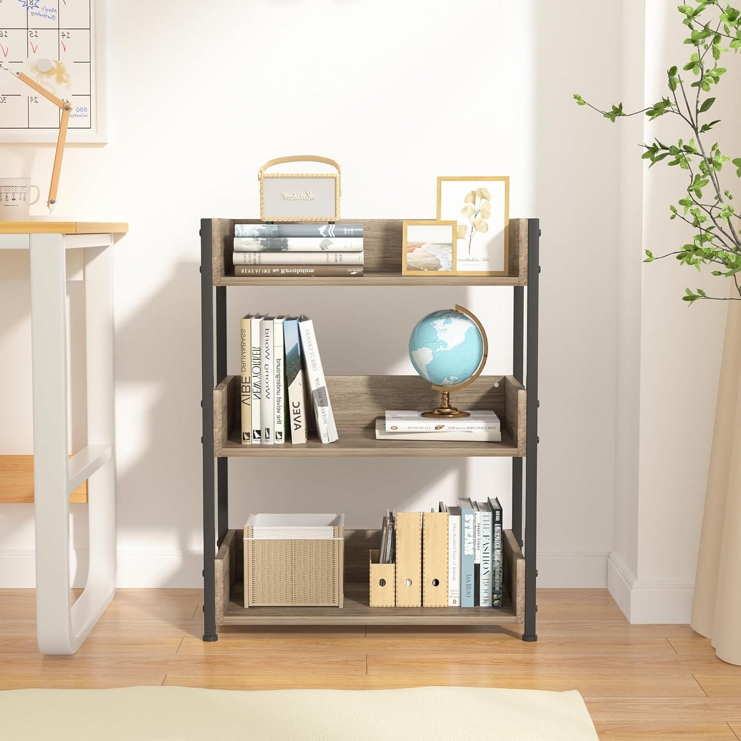 VECELO Bookshelf, 30" H Small Bookcase,3-Tier Storage Organizer,Wood Bookcase with Steel Frame,Shelving Unit for Living Room,Classroom,Office,Dormitory