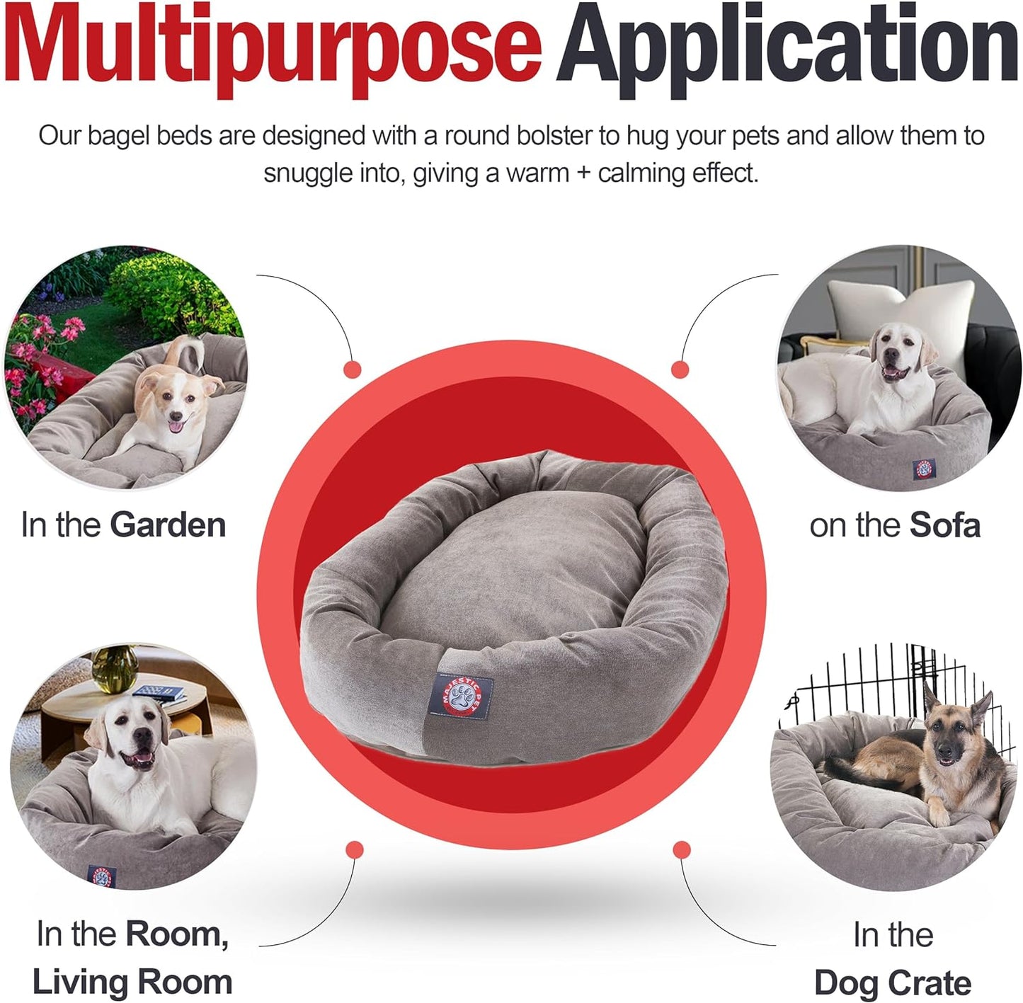 Majestic Pet 40 Inch Micro Velvet Calming Dog Bed Washable – Cozy Soft Round Dog Bed with Spine for Head Support - Fluffy Donut Dog Bed 40x29x9 (inch) – Round Pet Bed Large - Vintage
