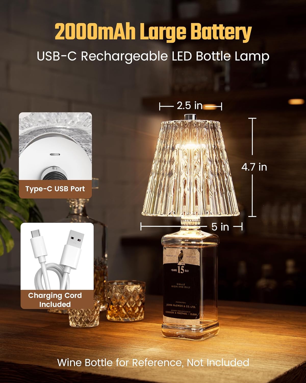 Wireless Bottle Lamp USB Rechargeable with Crystal Lampshade, 3-Color Touch Control Bottle Light Smooth Dimming, Wine Bottle Lamp for Bar Décor, Home, Kitchen & Party Lighting, 2-Pack