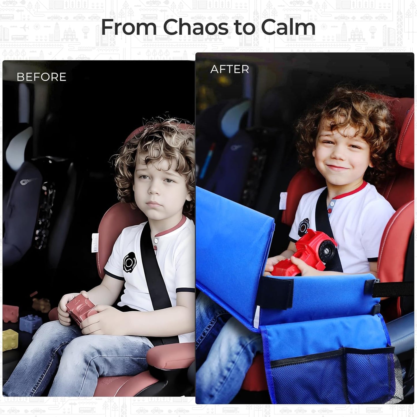 Travel Tray for Kids, Carseat Table Tray for Road Trip Activities, Toddler Lap Desk Organizer for Airplane - Blue