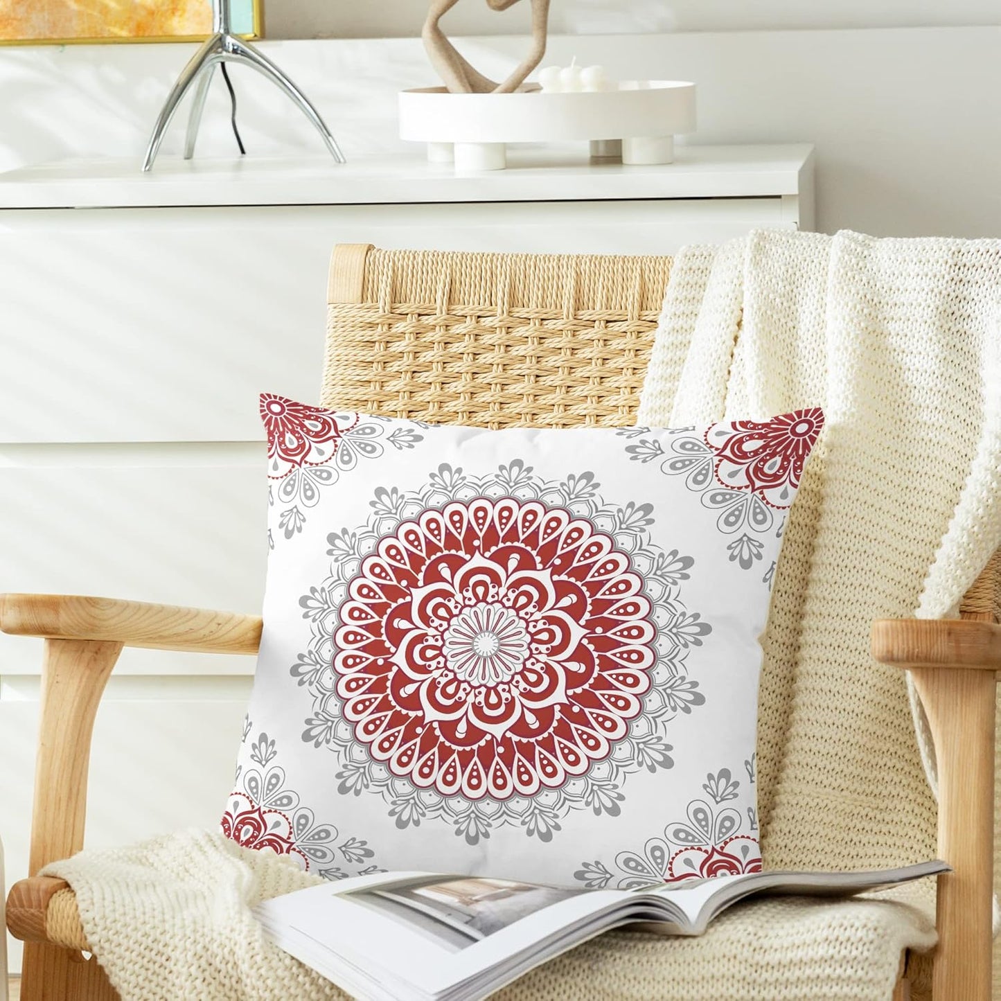 CaliTime Throw Pillow Covers Pack of 2 Cozy Fleece Mandala Dahlia Floral Medallion Compass Style Cushion Cases for Couch Bed Sofa Farmhouse Decoration 16 X 16 Inches Red Grey