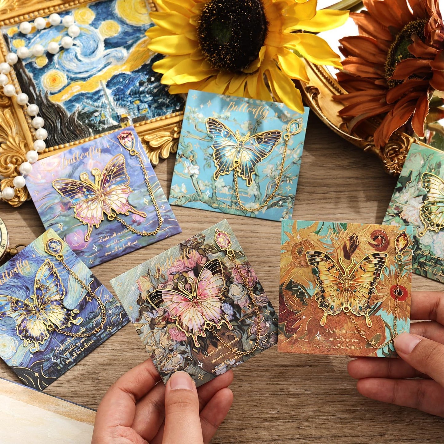 12 Pieces Metal Butterfly Bookmarks with Chain, Golden Hollow Bookmark Monet Oil Painting Theme Book Mark Bookmarks for Book Lovers Women Writers Readers Children Teens