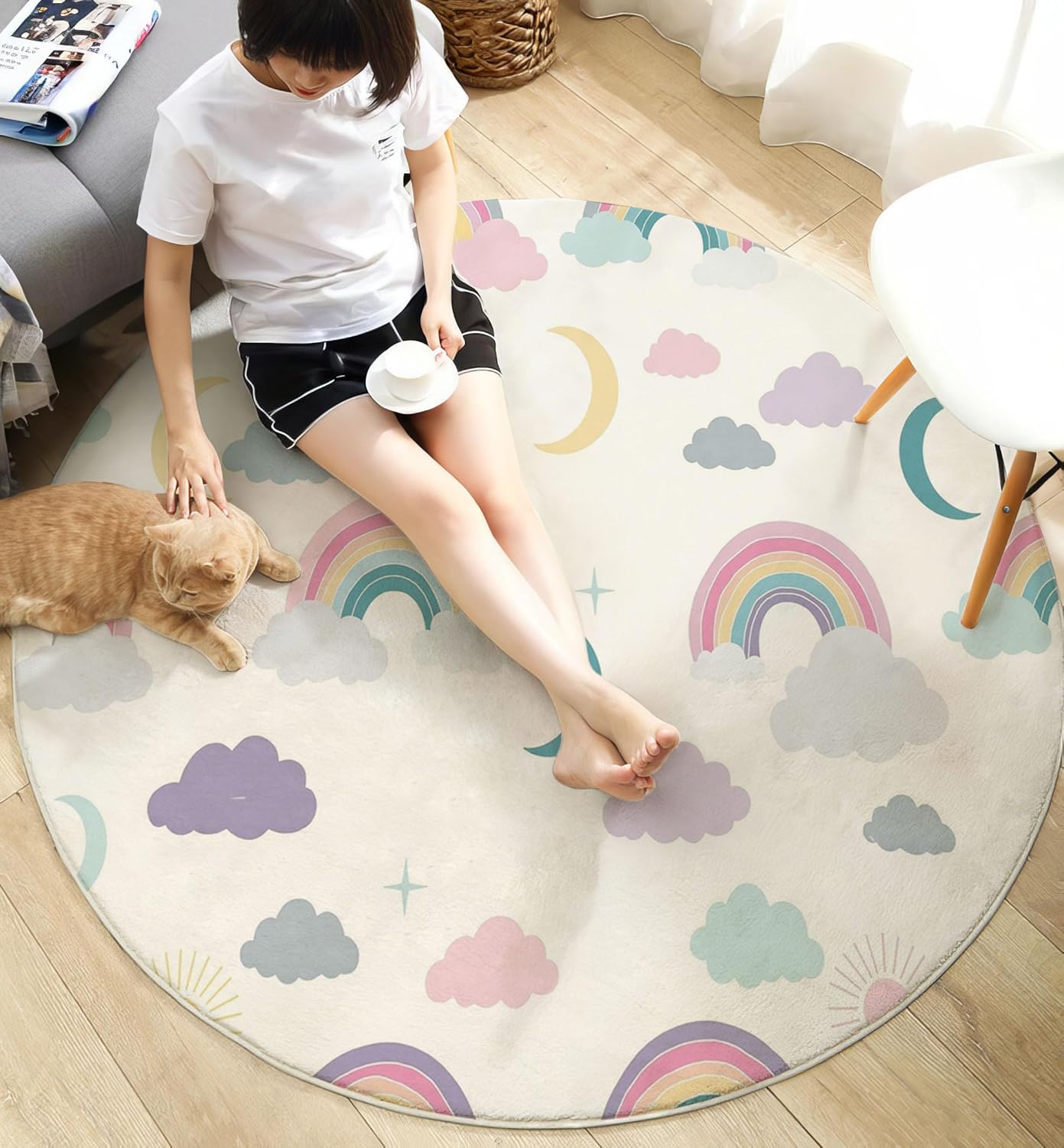 3Ft Round Washable Rug - Large Area Rug for Living Room Dining Room, Creamy Color Soft Bedroom Carpet with Cute Rainbow Clouds Pattern, Cartoon Starry Sky Décor, Low Pile Stain Resistant