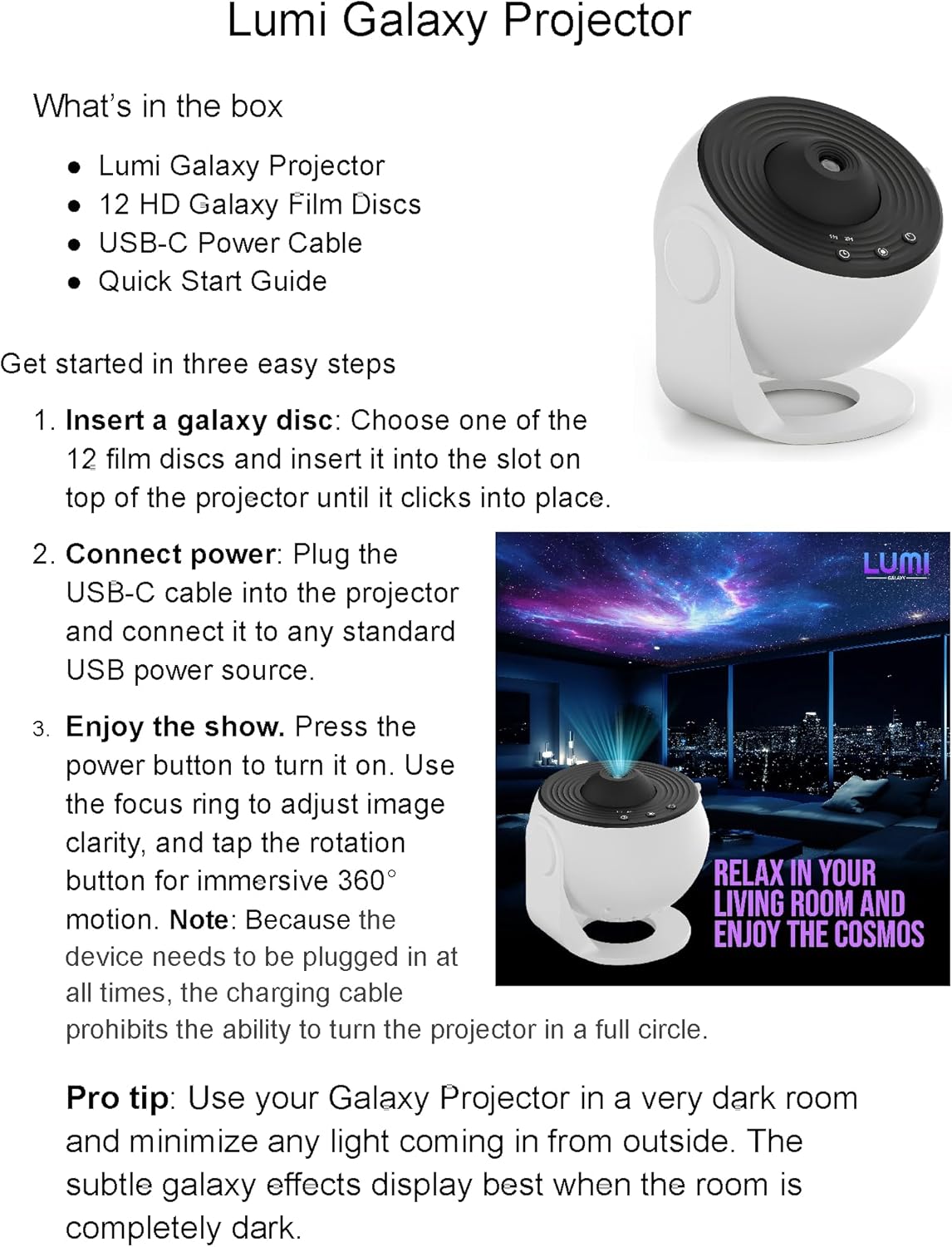 Lumi Galaxy Projector – Star Projector Galaxy Light with 12 HD Film Discs, 360° Rotating Planetarium Room Lights for Bedroom Ceiling, Night Lights for Kids, Northern Lights Projector