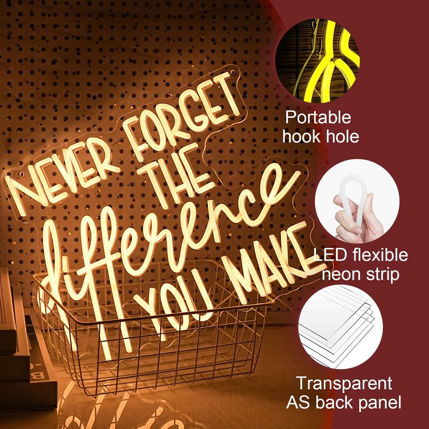 Never Forget The Difference You Make Neon Sign Cool Dimmable Led Letters Light Up Sign USB Powered Warm White Neon Light for Bedroom Study Room Bar Shop Man Cave(16.5 * 12.6In)