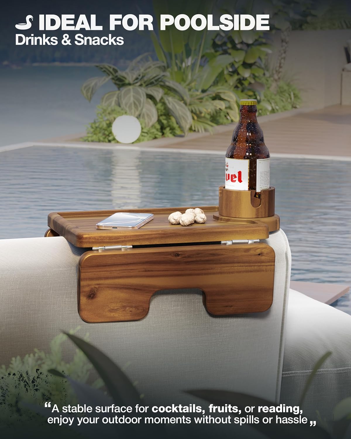 BLUEWEST Couch Cup Holder Tray & Sofa Arm Tray – Large 2-in-1 Acacia Wood Clip-On Side Table with 360° Cup Holder on Armrest, Double SS304 Hinges, Non-Slip for TV Dinners, Remote, Drinks & Snacks