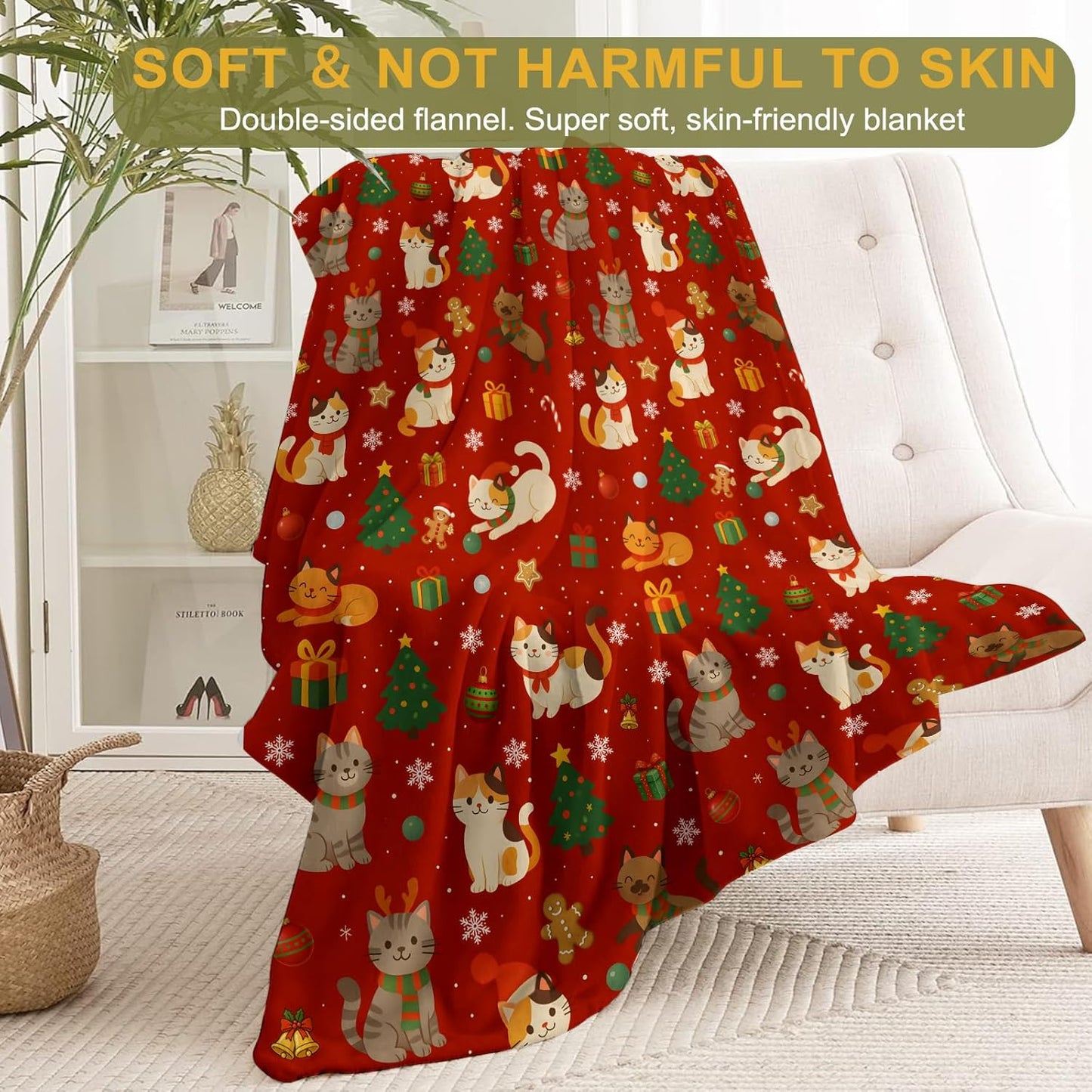 Cat Christmas Decorative Throw Blanket, Kitten Tree Gingerbread Snowflake Print Decoration, Soft Flannel Winter Blankets for Couch Bed Sofa, Holiday Home Decor, Xmas Festival Gifts 50x60 Inch